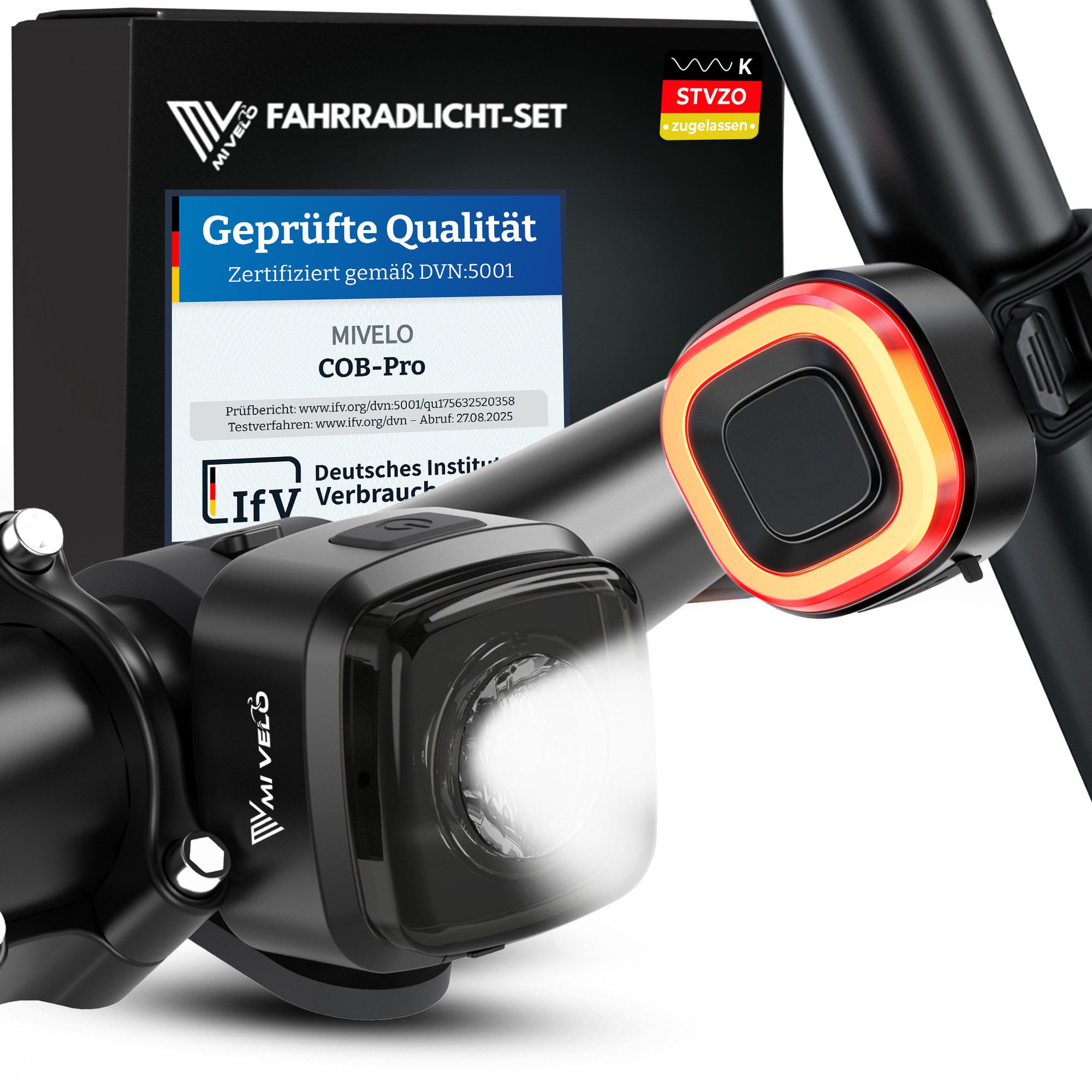 MIVELO Fahrradbeleuchtung COB Pro Fahrradlicht LED Set mit Bremsfunktion Akku USB aufladbar, StVZO zugelassen