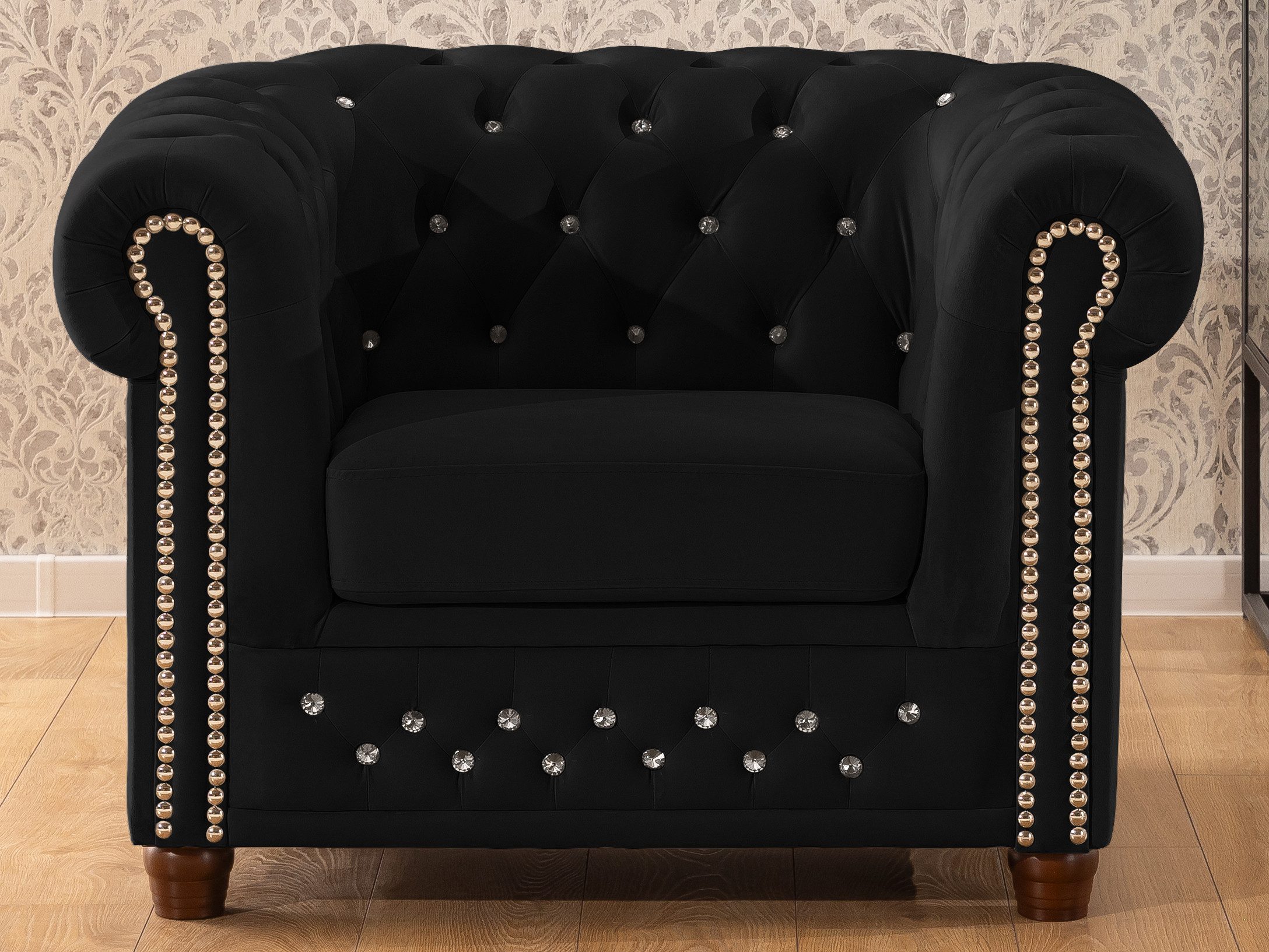 S-Style Möbel Chesterfield-Sessel Cleo Blink aus Samt mit Kristallsteppung und braunen Massivholzfüßen, mit Wellenfederung