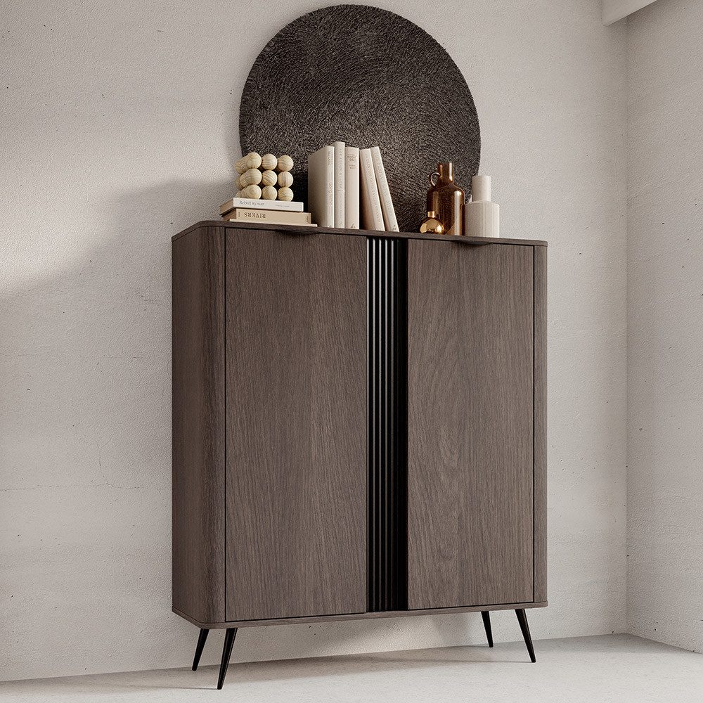 Lomadox Kommode VOLTERRA-167, in Eiche, 113 cm breit mit 2 Türen und schwarzem Rillendesign