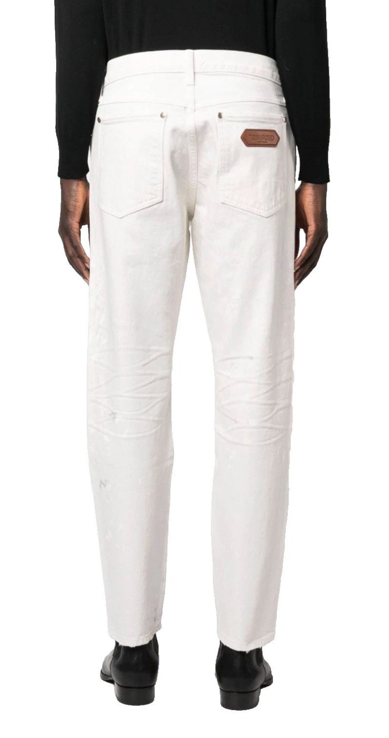 Tom Ford 5-Pocket-Jeans HerrenJeans Bemalte Straight Leg Karottenjeans Paint-Splash-Optik Signature-Details wie Lederpatch und Markenlabel