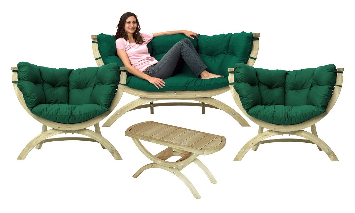 Amazonas Loungeset Siena mit zwei Papasansesseln, Sofa und Beistelltisch, (Verde)