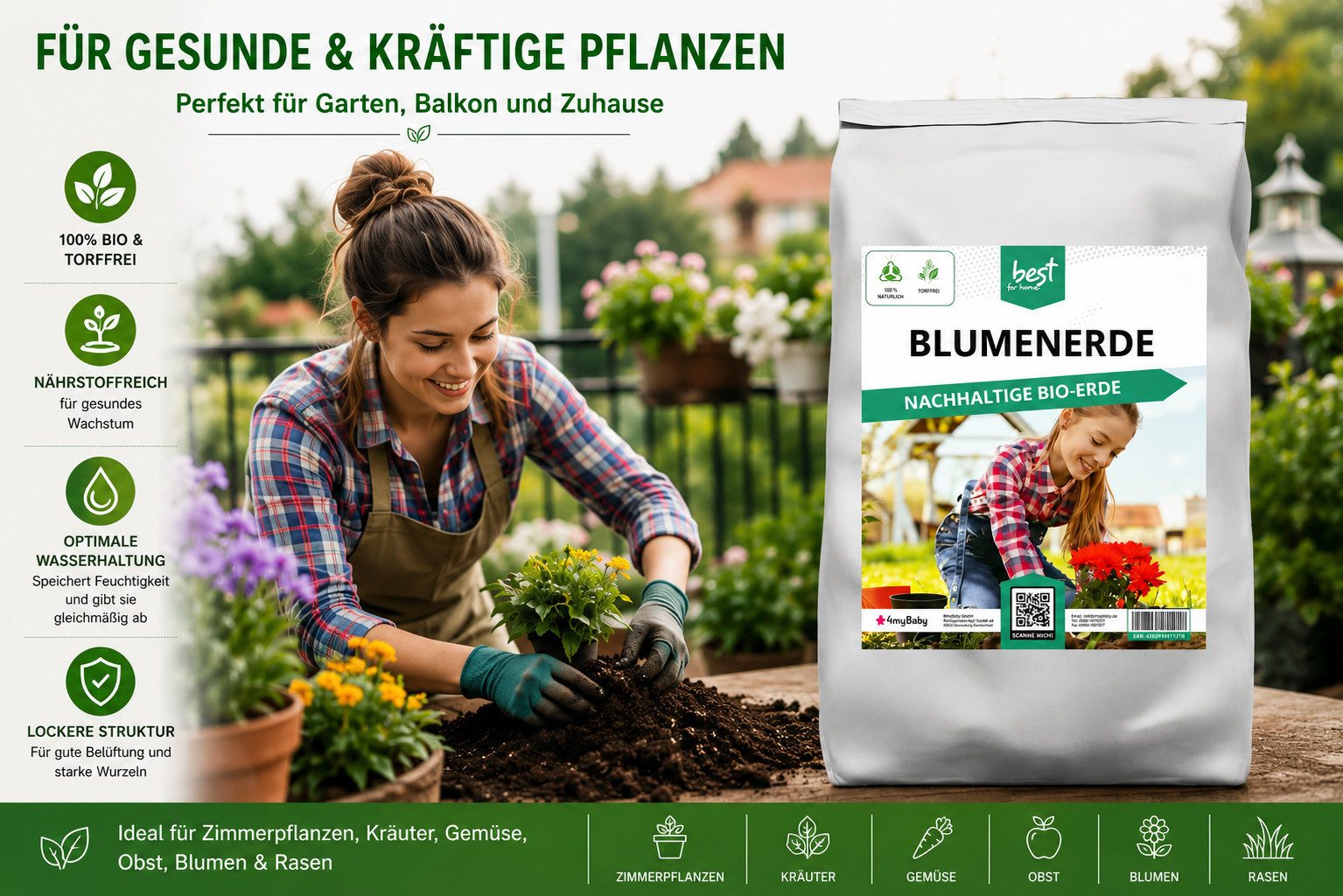 Best for Home Bio-Erde Bio-Blumenerde – Torffrei, für Zimmer- & Balkonpflanzen Blumenerde, mit Organische Pflanzerde, (Einzelartikel, 1-St., 20L / 50L Sack), Bi – Bild 2 von 5