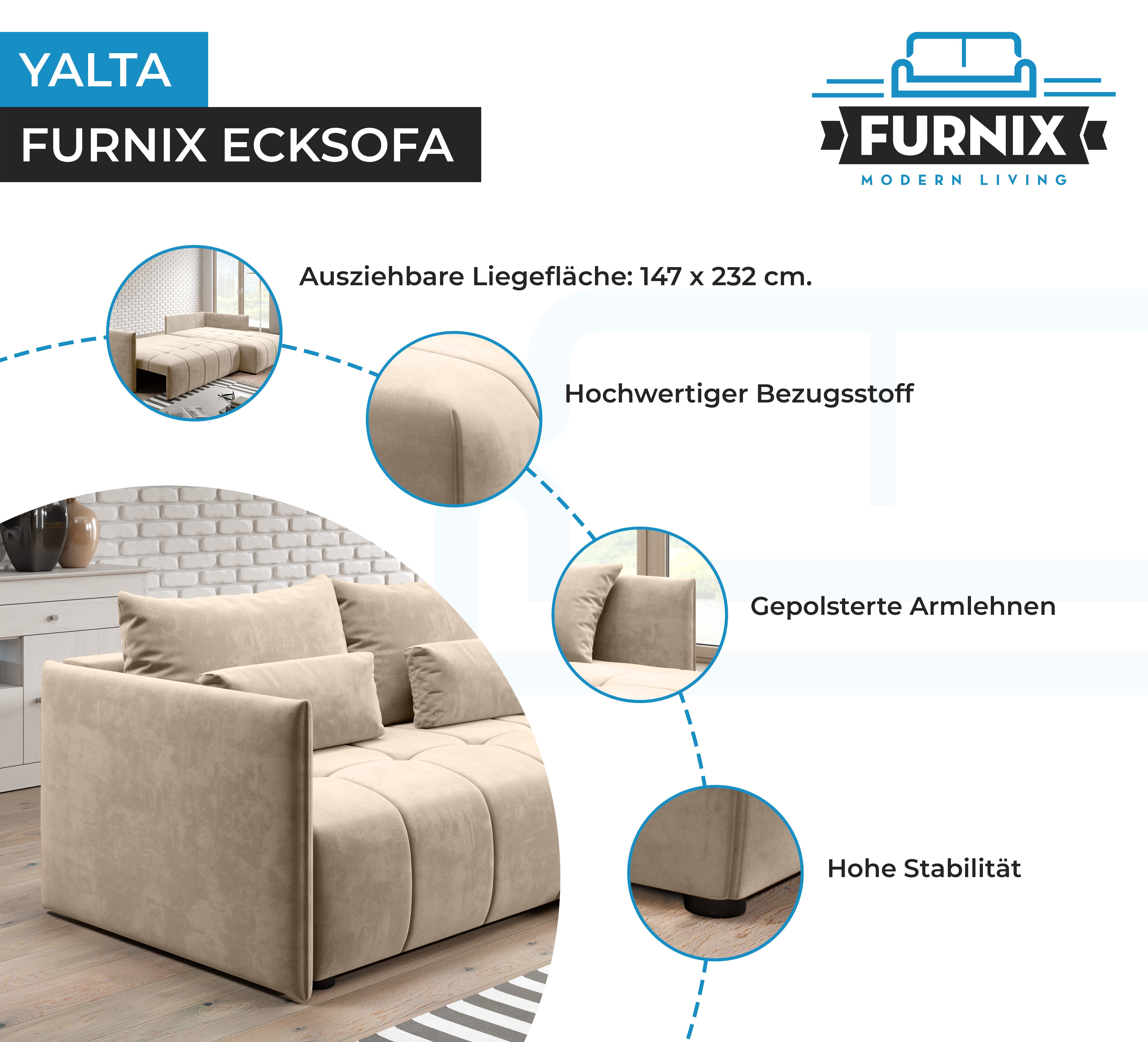 Europe Beige ausziehbar und mit YALTA Schlafsofa Ecksofa Furnix Couch Made 02 Kissen, in MH Bettkasten
