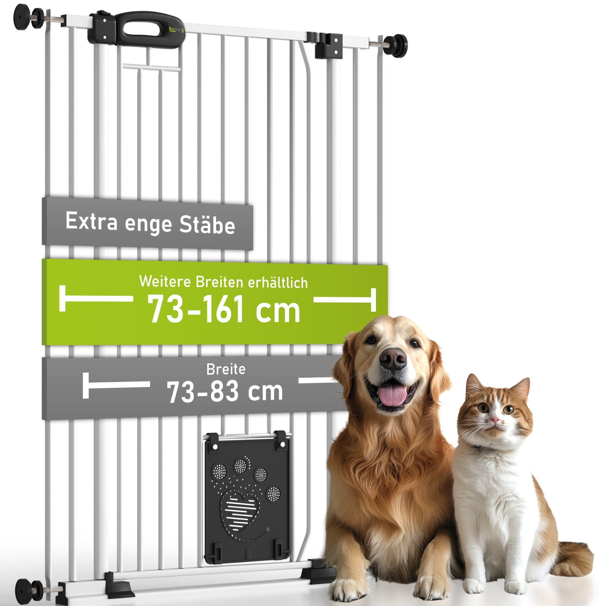 BOMI Türschutzgitter Tierschutzgitter Merle für Hunde 73–161 cm mit Tür, Katzenklappe (ohne Bohren, Verschraubbar, individuell), Tierschutzgitter ohne Bohren – Absperrgitter Tier extra enge Streben