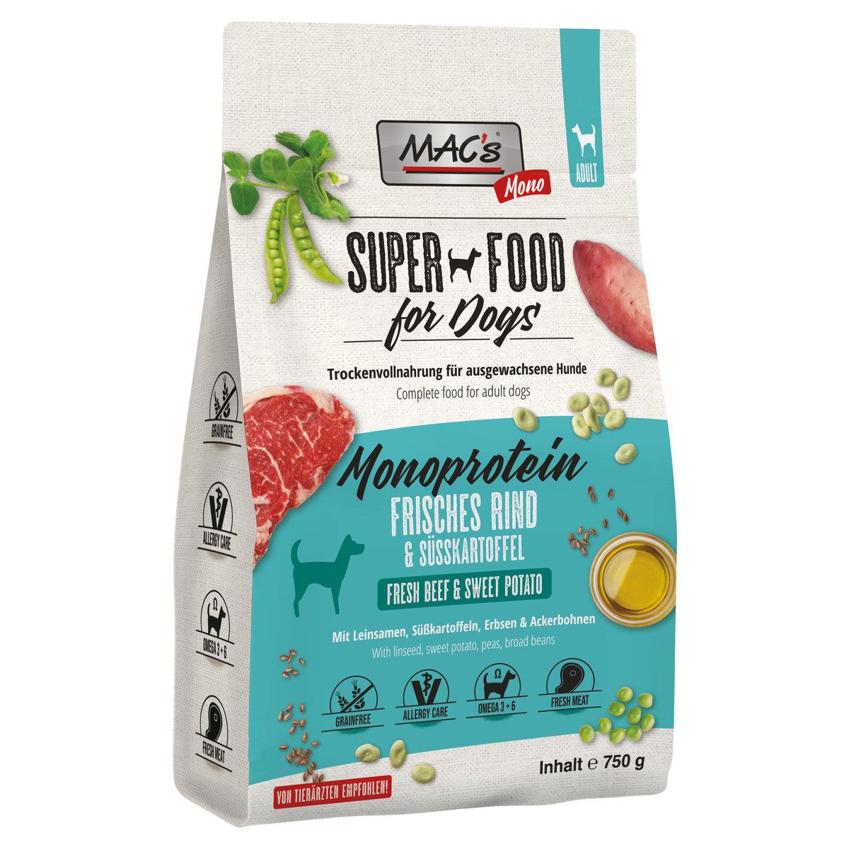 MAC'S Monoprotein frisches Rind 750 g, Trockenfutter für: Hund