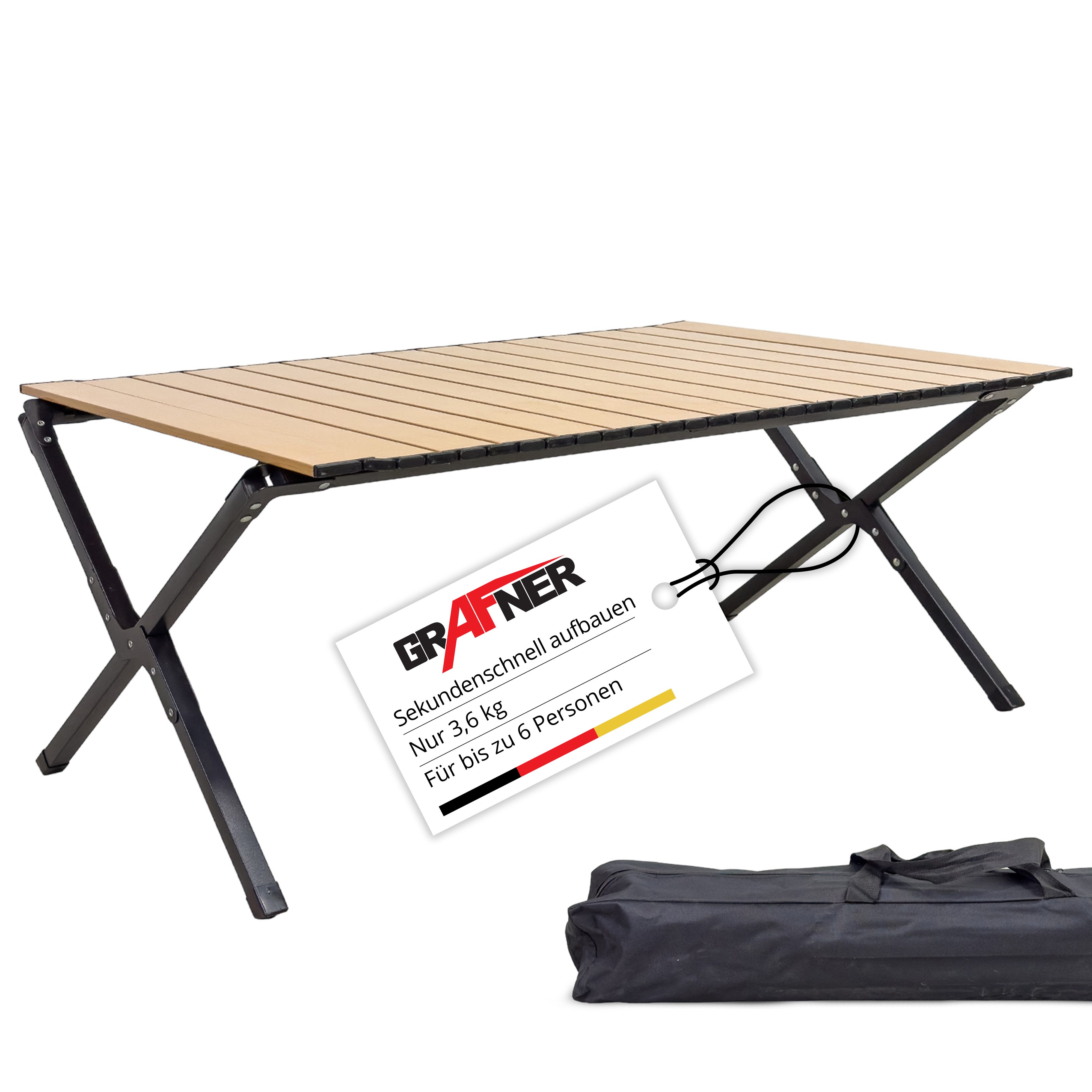 Grafner Campingtisch Campingtisch 89x58x43cm Klapptisch Holzoptik inkl. Transporttasche (2-St., Tisch und Transporttasche), 89x58x43cm, Carbon-Stahl
