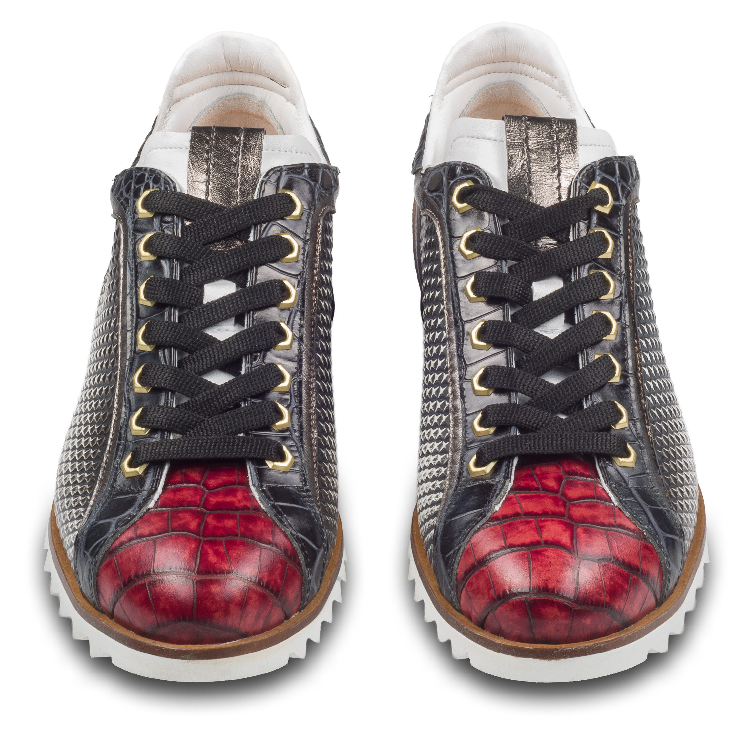 Lorenzi Herren Sneaker rot/schwarz/weiß, Kalbsleder geprägt und Kroko-Optik Sneaker Handgefertigt in Italien