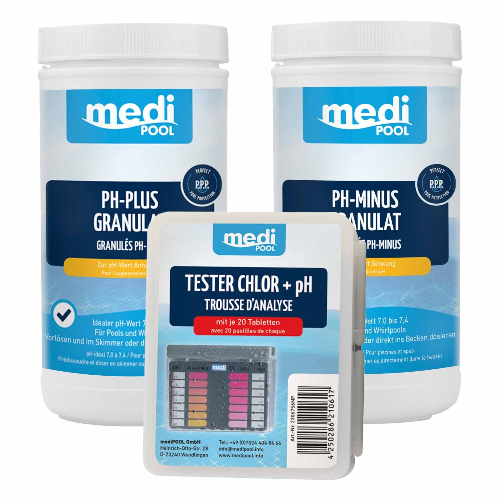 mediPOOL Poolpflege Wasserpflege pH-Wert inkl. Tester, pH-Minus, pH-Plus Granulat, (Set)