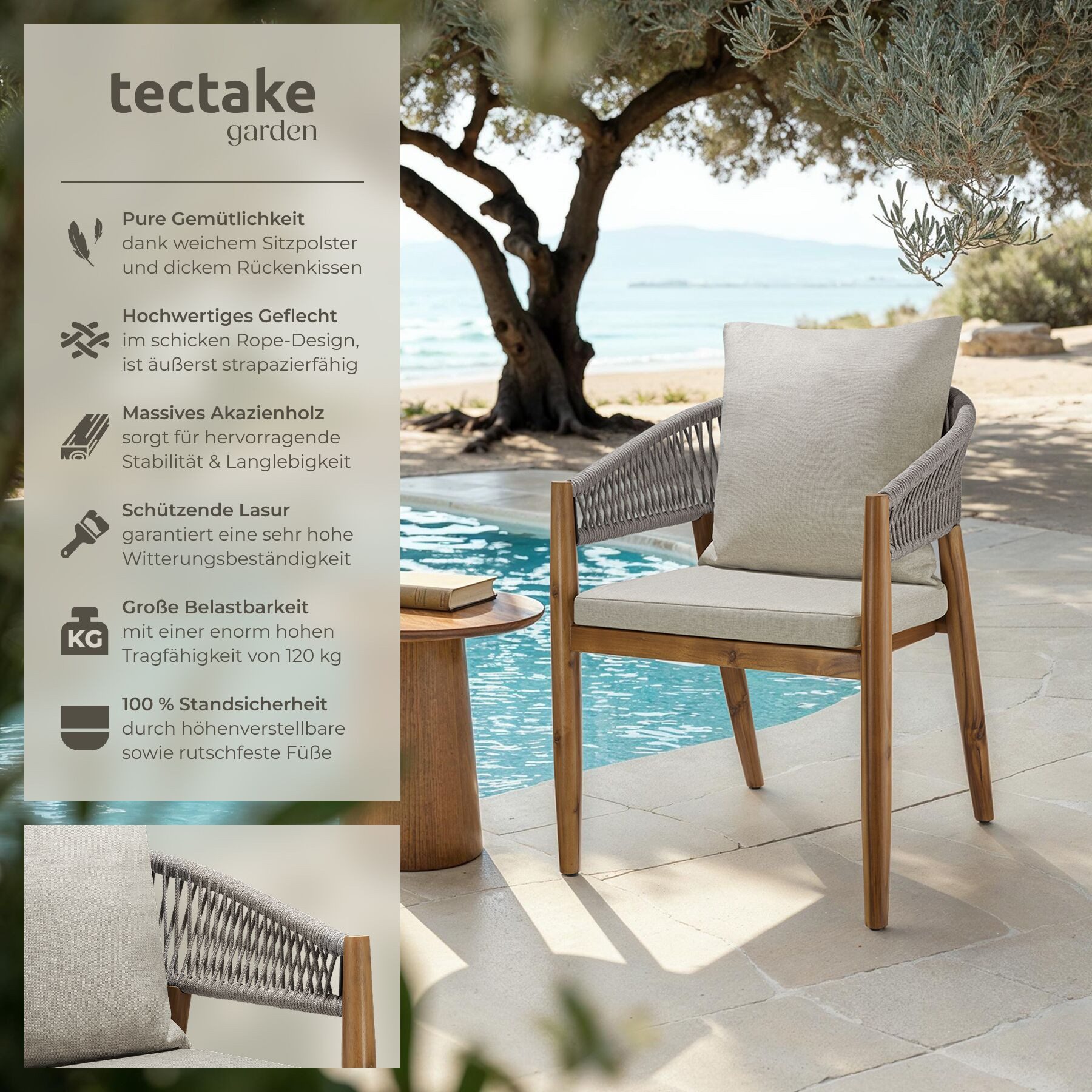 tectake Gartenstuhl Outdoor-Sessel aus Akazienholz, wetterfest, Rope-Design (Outdoor Stuhl Manacor, 2 St), höhenverstellbare Kunststofffüße, Belastbarkeit bis 1 – Bild 2 von 5