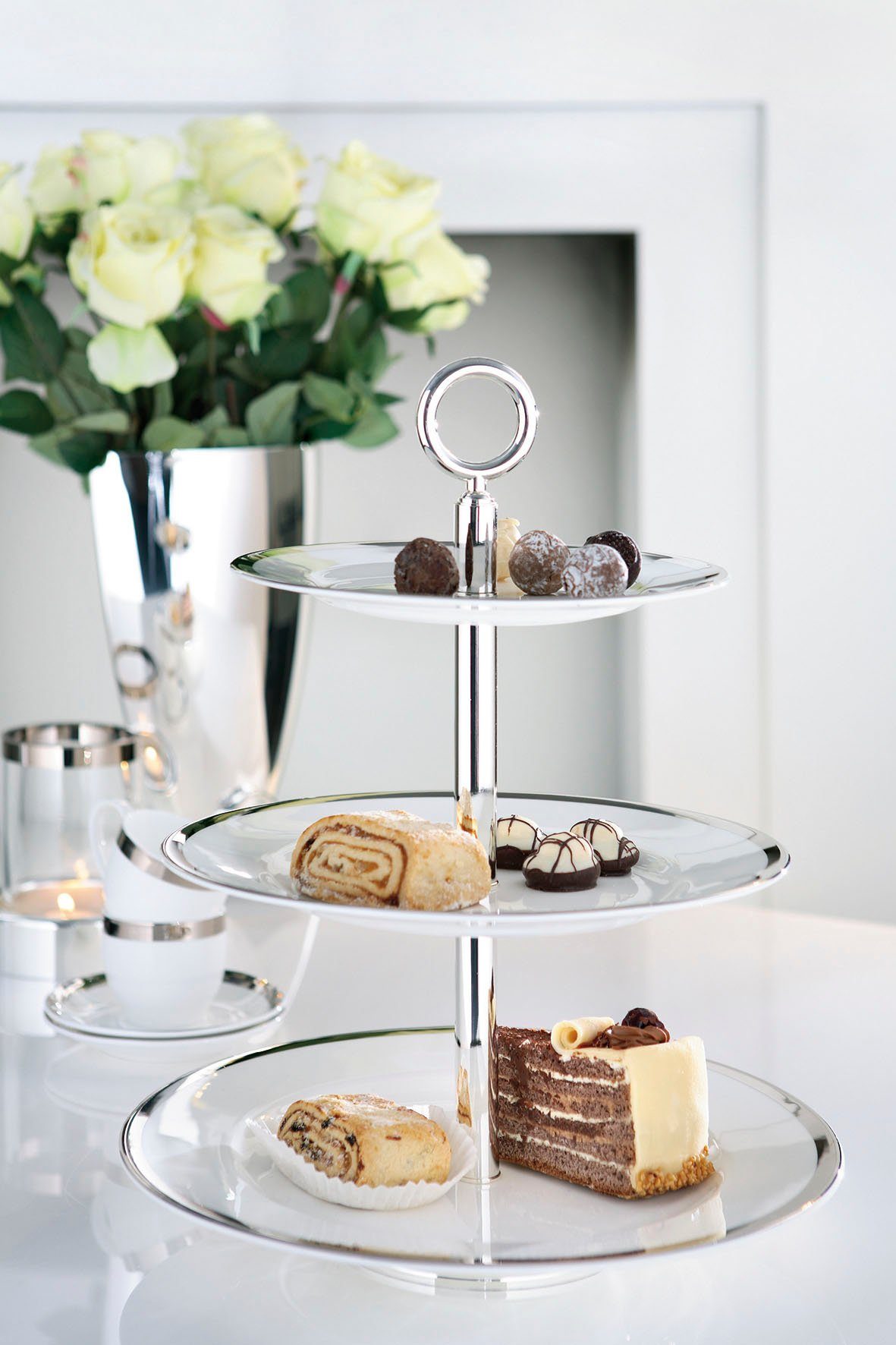 Fink Etagere PLATINUM, Porzellan, (1-tlg), Servierplatte mit Platinumrand, mit 3 Etagen, Höhe ca. 39 cm