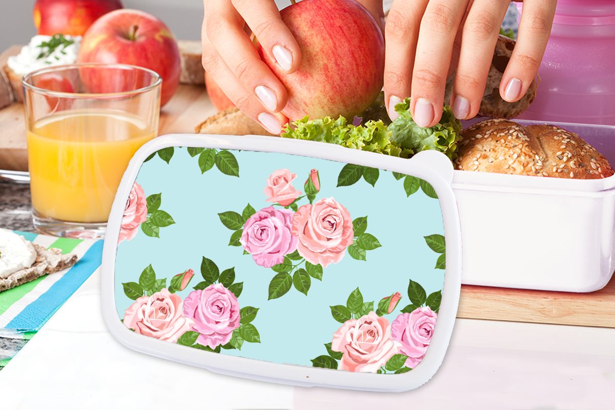 MuchoWow Lunchbox Brotbox für Kinder Rosen Mädchen Kunststoff, für (2-tlg), Romantisch Muster, - und Jungs Erwachsene, und weiß Brotdose, 