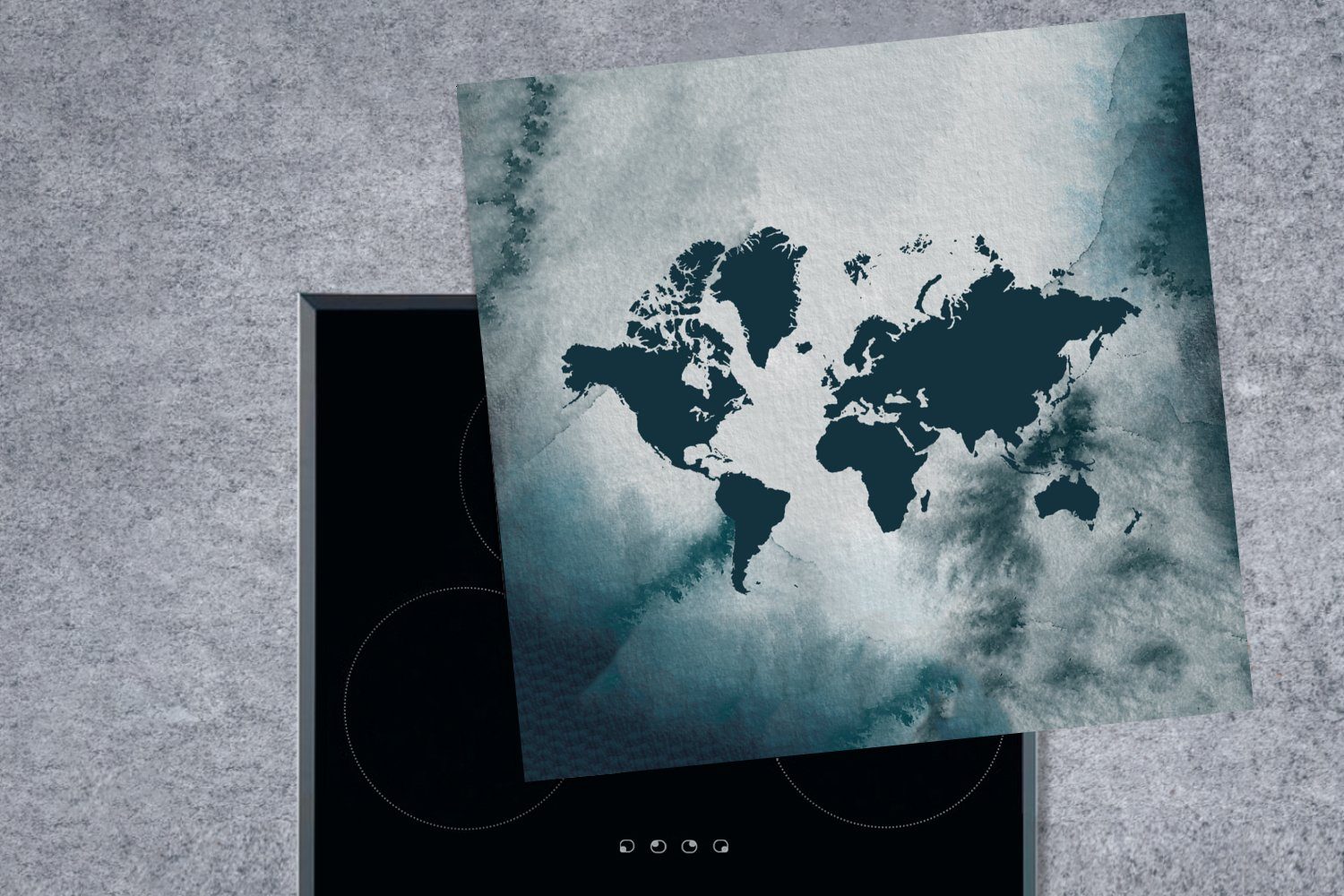 Aquarell küche - Ceranfeldabdeckung, tlg), MuchoWow - Vinyl, Herdblende-/Abdeckplatte für Arbeitsplatte 78x78 cm, (1 Blau, Weltkarte