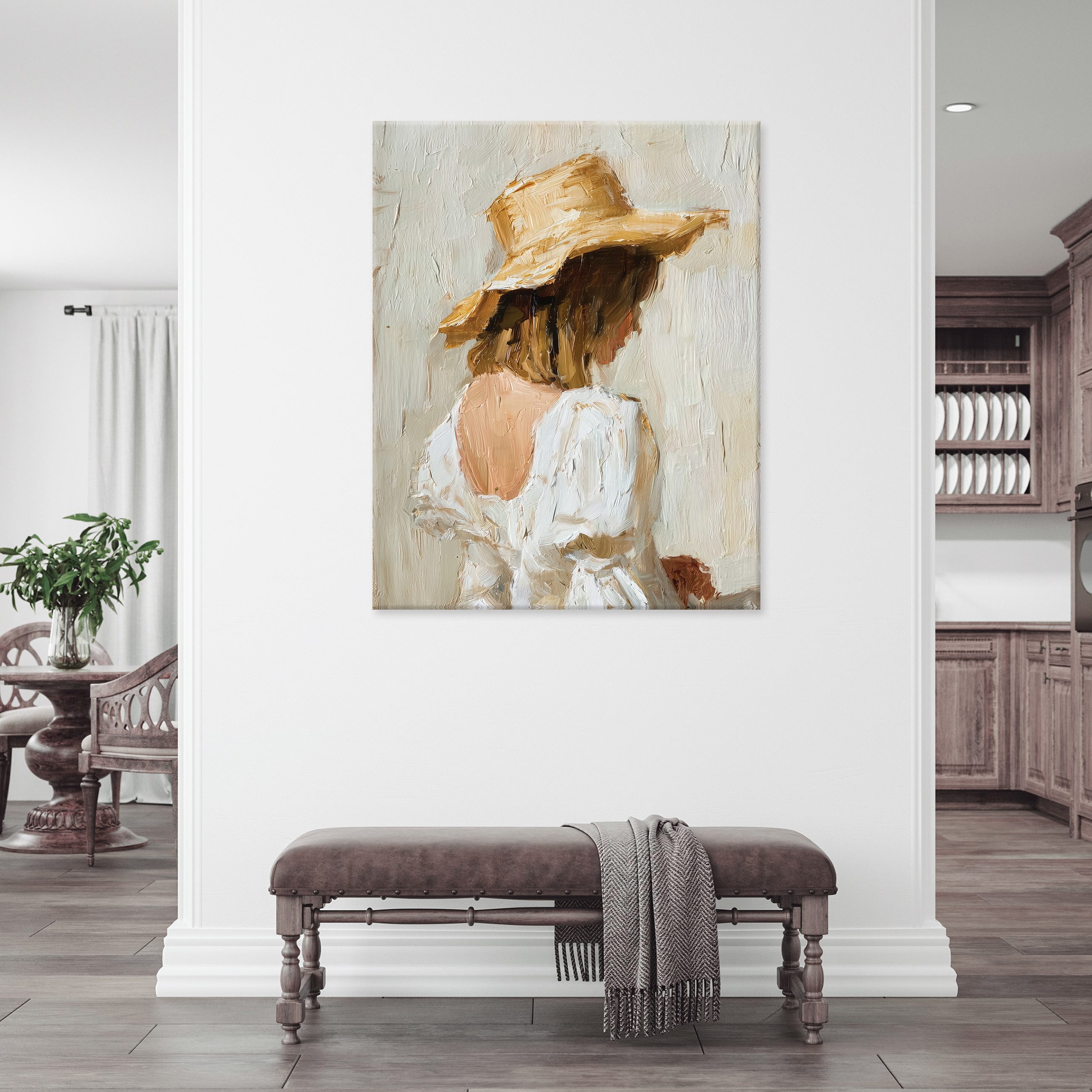 Wallarena Leinwandbild Frau mit Hut Weiß Beige Boho Aquarell Wandbilder Wan günstig online kaufen