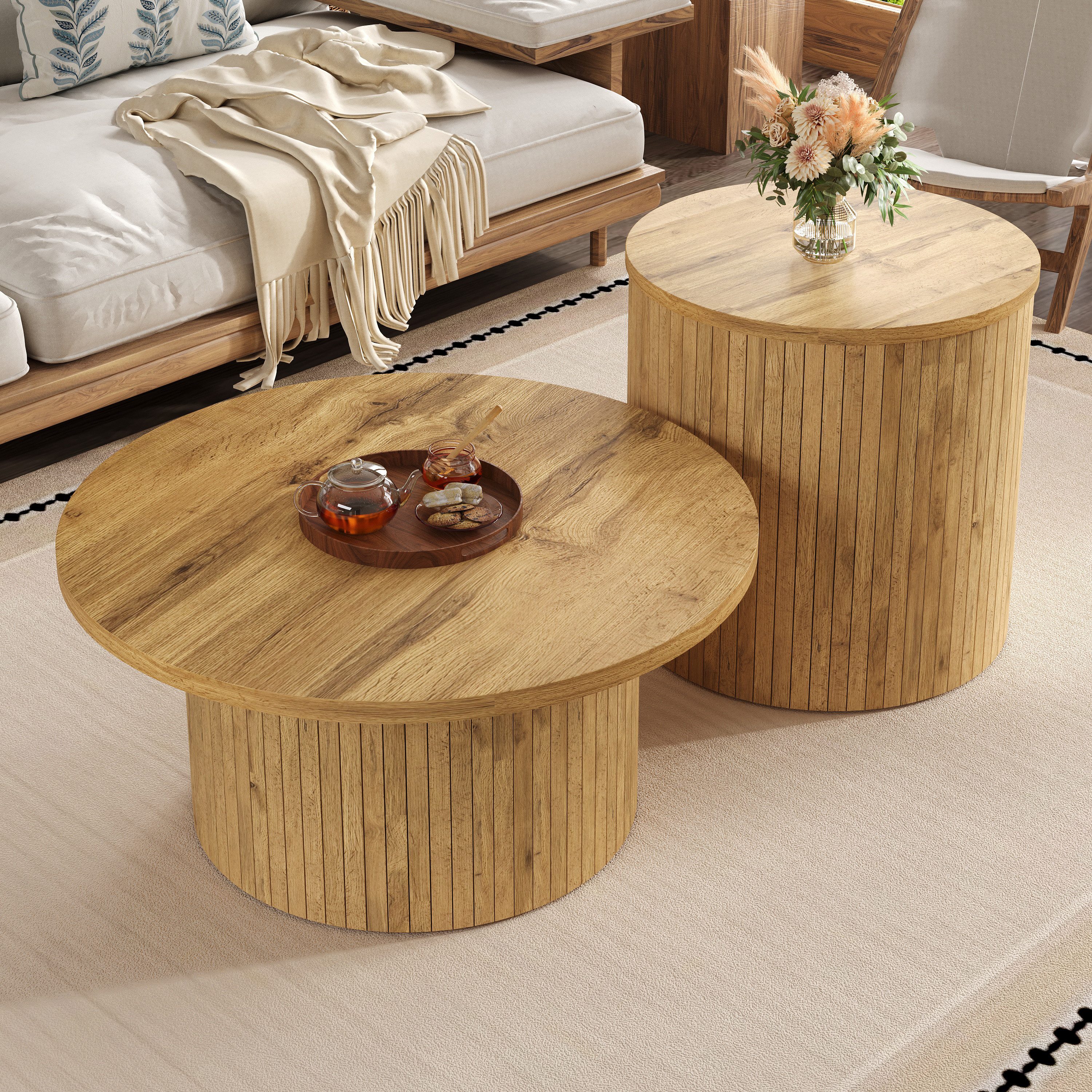 KLAM HOME Couchtisch Runder Couchtisch Set Mit Naturholzoptik Aus MDF (Doppeltes Tisch Design Für Vielseitige Nutzung), Moderner Beistelltisch Im Skandinavischen Stil