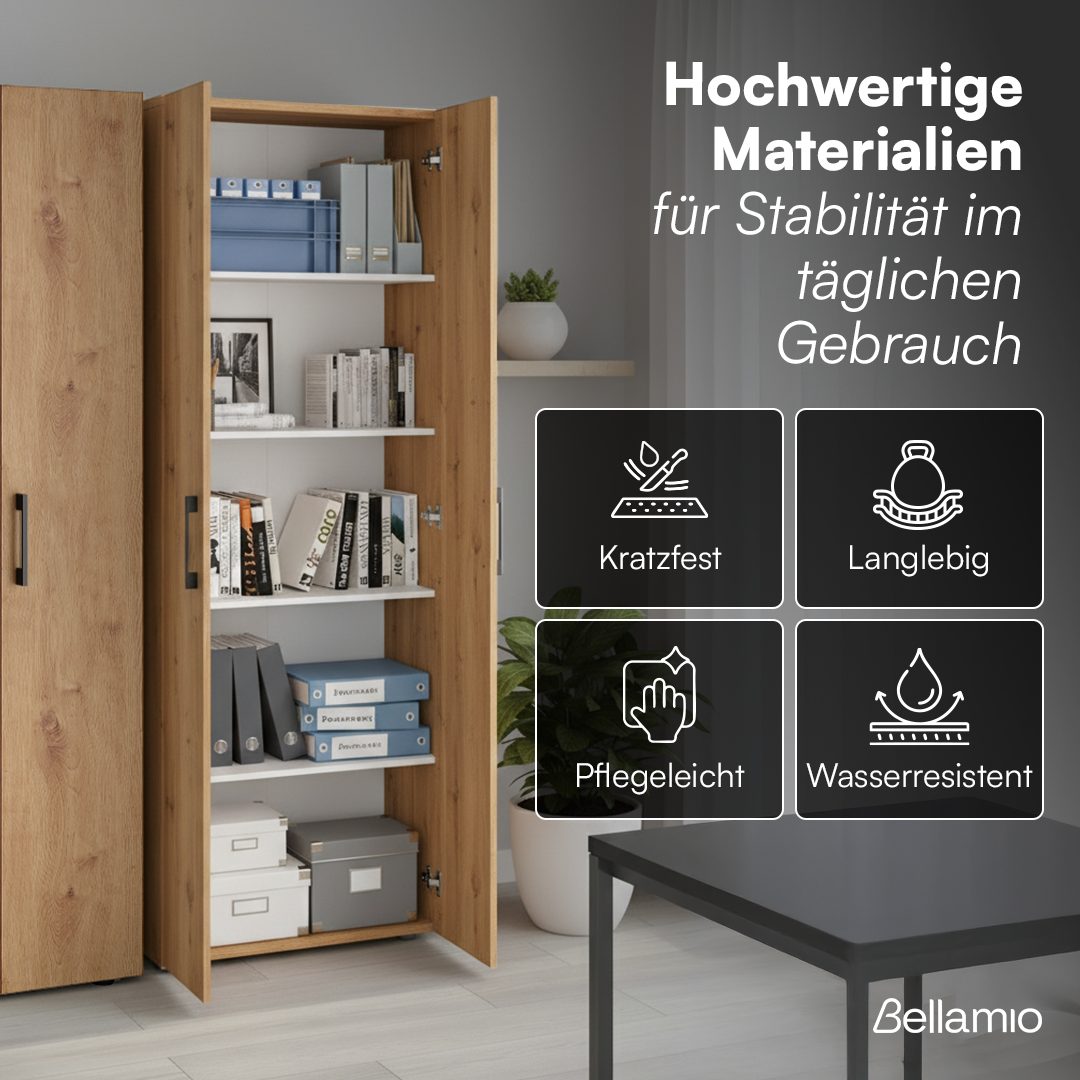 Bellamio Mehrzweckschrank Apol, Hochschrank aus Holz, Aufbewahrungsschrank (Eichenoptik) Aktenschrank mit 2 Türen & 5 Fächern, robust & kratzfest – Bild 5 von 5