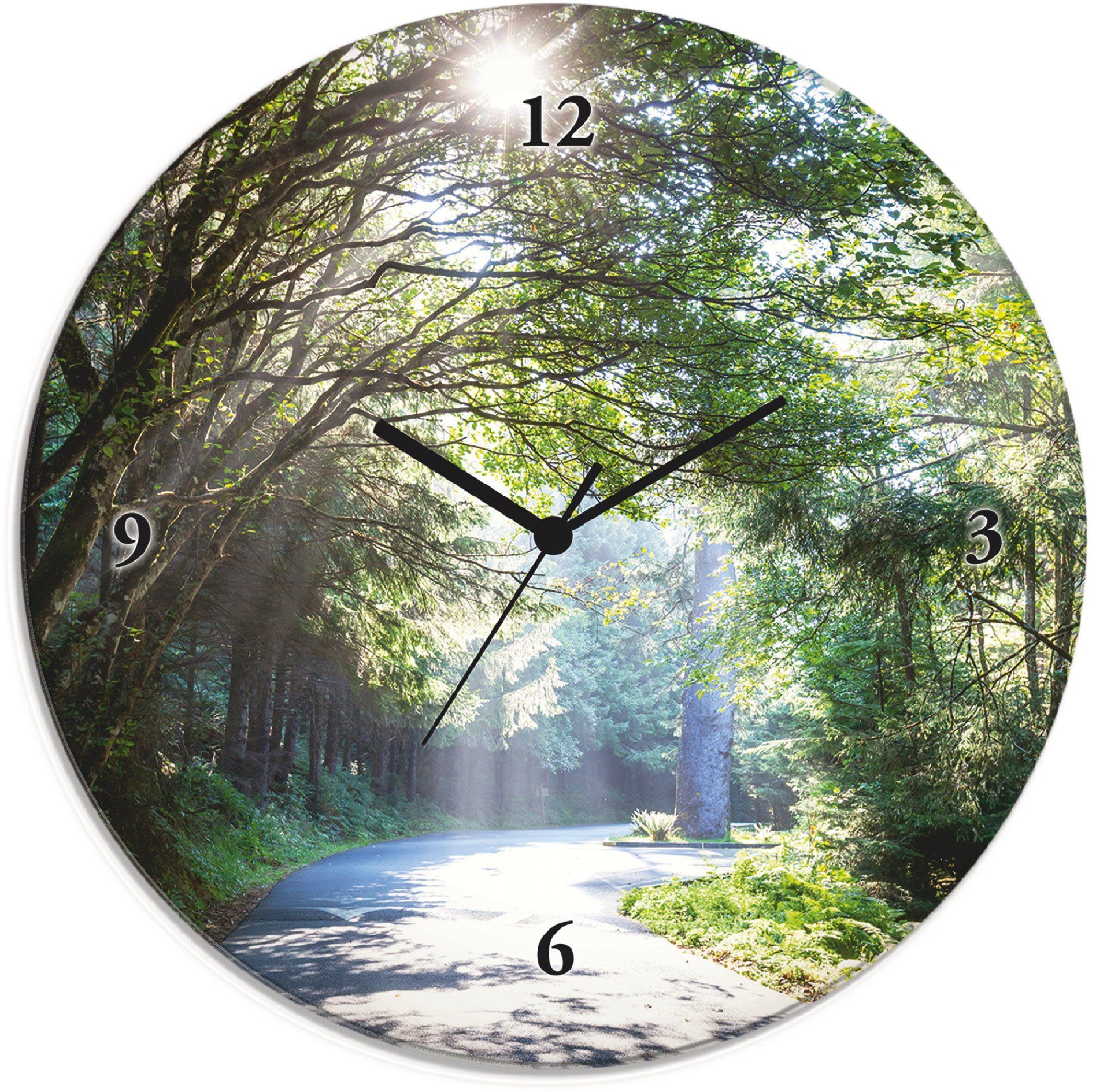 rund Funkuhrwerk, oder mit Wanduhr lautlos Glasuhr Artland ohne (wahlweise Tickgeräusche) Sonniger Wald Quarz-