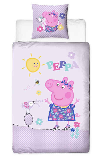 Kinderbettwäsche »Peppa Wutz Bettwäsche 135x200 + 80x80 cm 2 tlg., 100 % Baumwolle Biber / Flanell, Peppa Pig Sunny Day Mädchen-Bettwäsche in lila, rosa, pink«, MTOnlinehandel