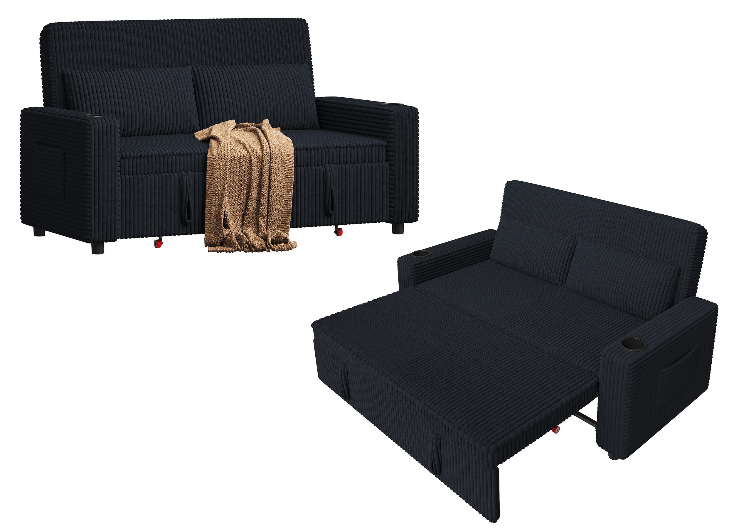 HOMALL Sofa Doppelschlafsofa, kompaktes Klappsofa, ausziehbares Schlafsofa, 5-fach verstellbare Rückenlehne, ausziehbares Sofa mit zwei Getränkehaltern, geeignet für Wohn- und Schlafzimmer