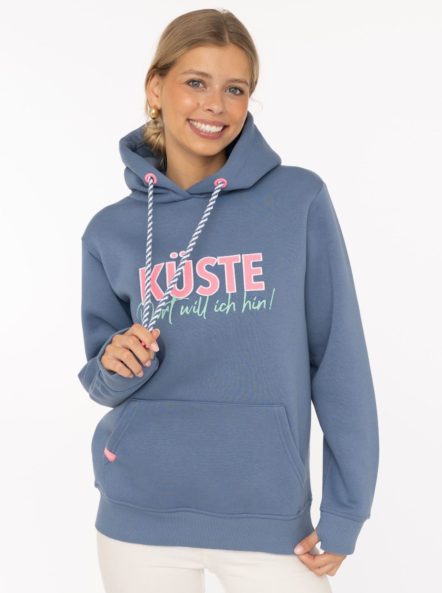 Zwillingsherz Hoodie "Küste" statement Stickerei, gestreifte Kordel, Kapuze