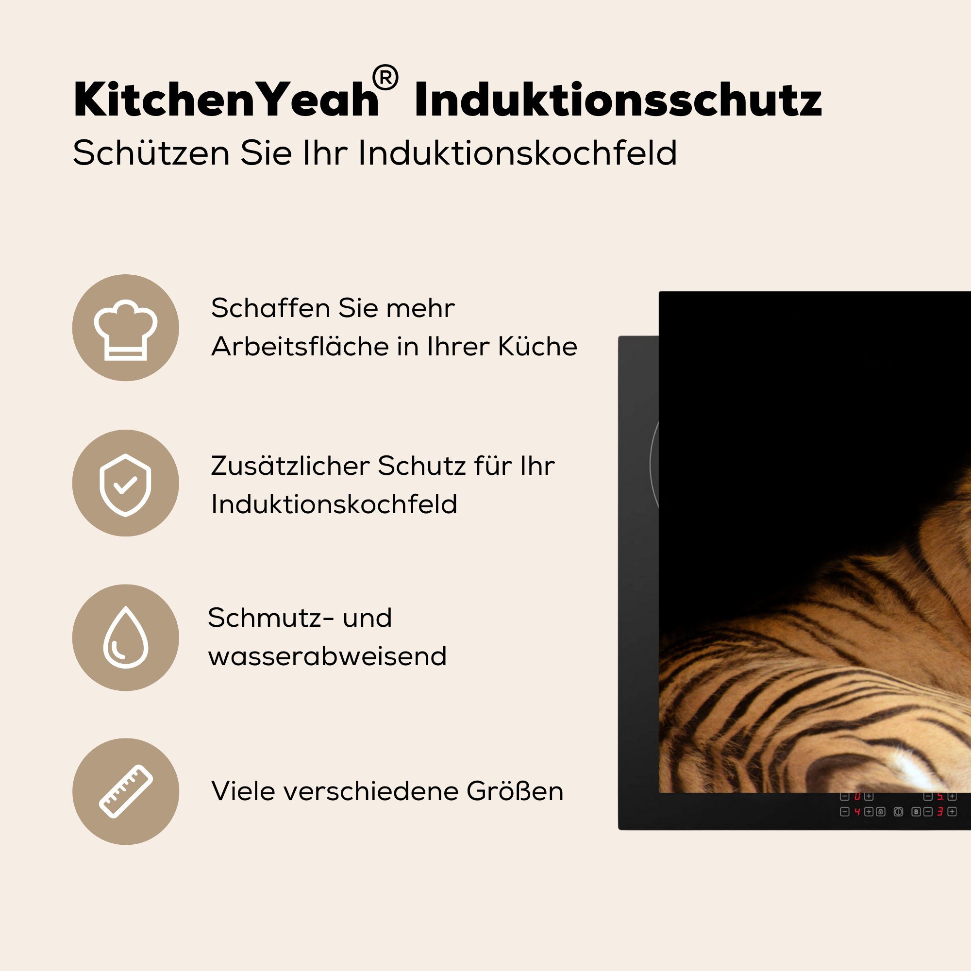 MuchoWow Herdblende-/Abdeckplatte Tiger - Gähnen tlg), cm, küche, - für Vinyl, (1 Schutz Induktionskochfeld Ceranfeldabdeckung Schwarz, die 81x52