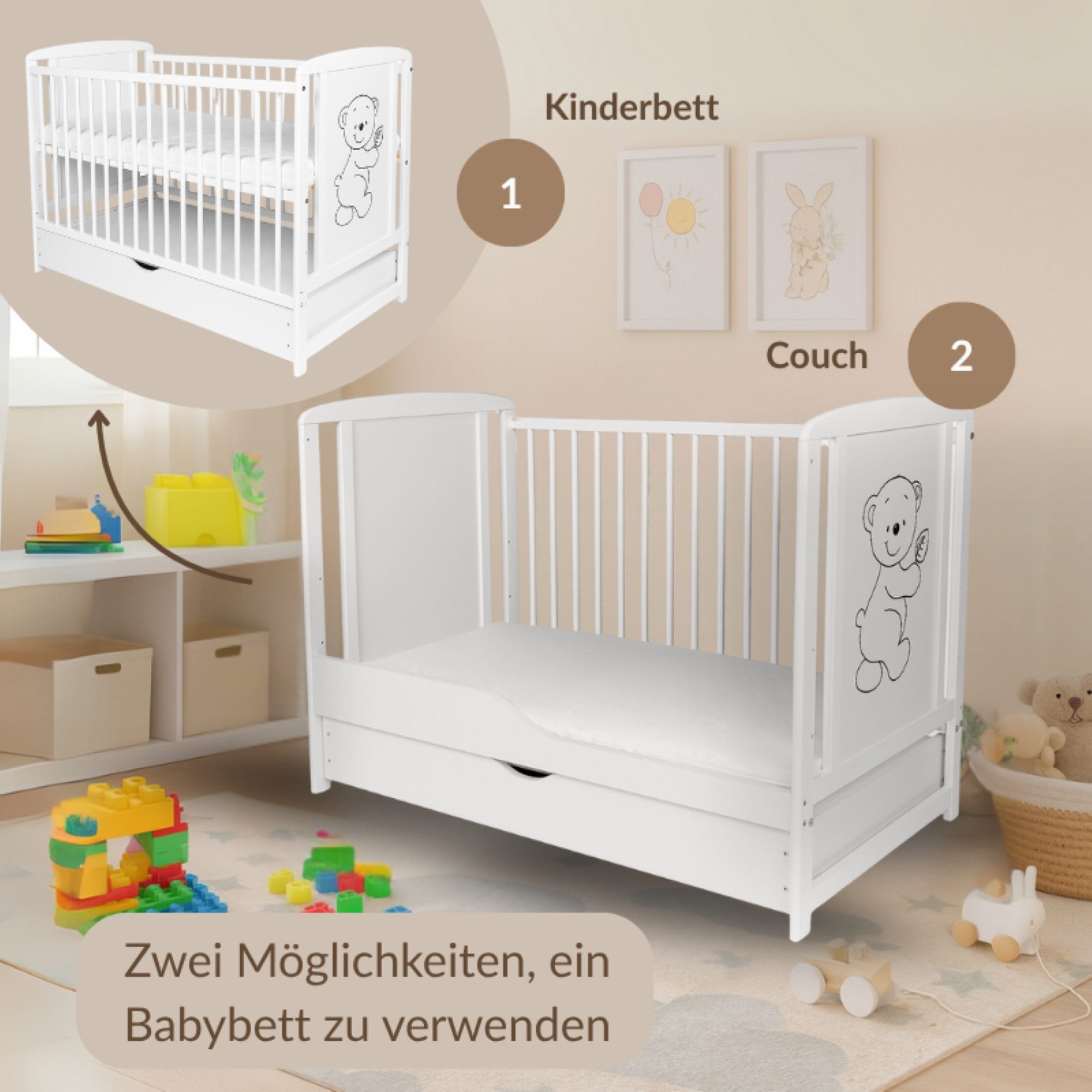 Babybett Kinderbett 120x60 Weiß umbaubar Gitterbett Schublade Matratze Set