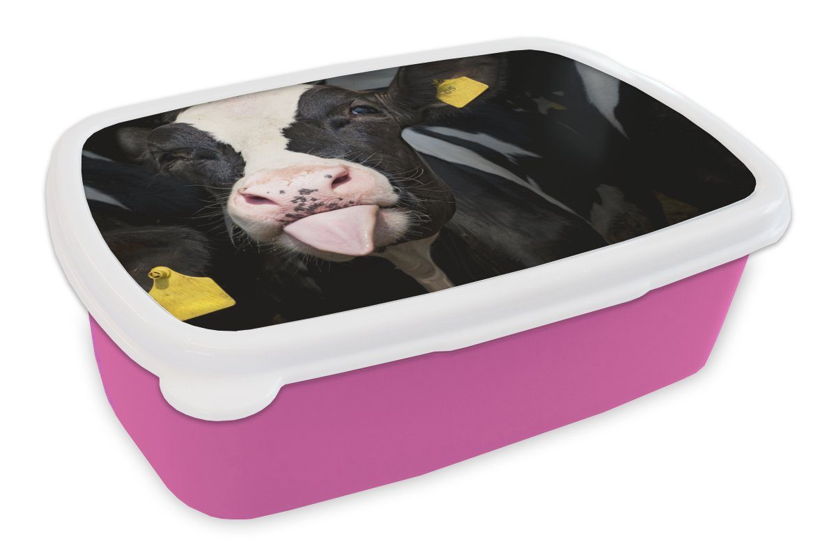 MuchoWow Lunchbox Kuh - Licht - Porträt, Kunststoff, (2-tlg), Brotbox für Erwachsene, Brotdose Kinder, Snackbox, Mädchen, Kunststoff rosa