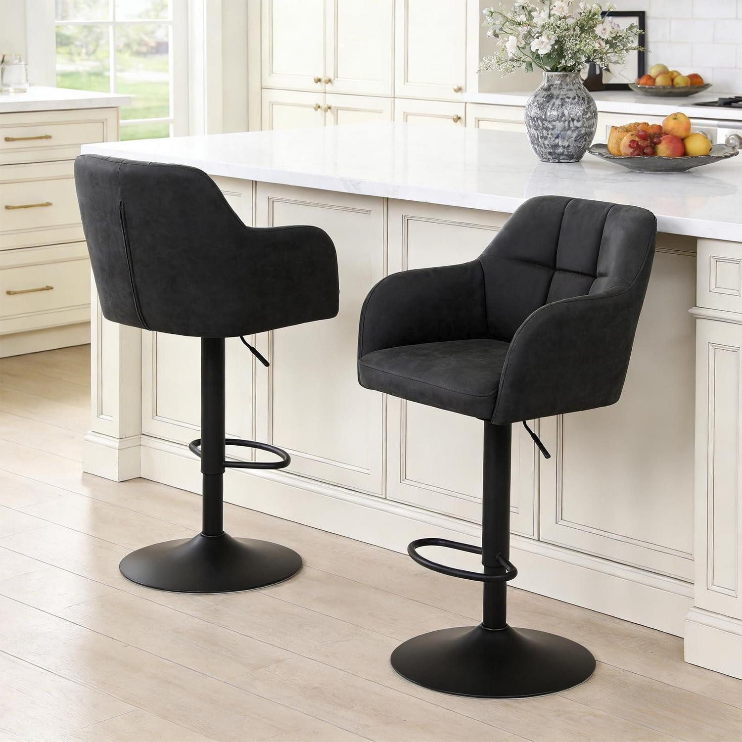 Barhocker Barhocker Höhenverstellbar Rückenlehne 2er Set Anthrazit Kunstleder