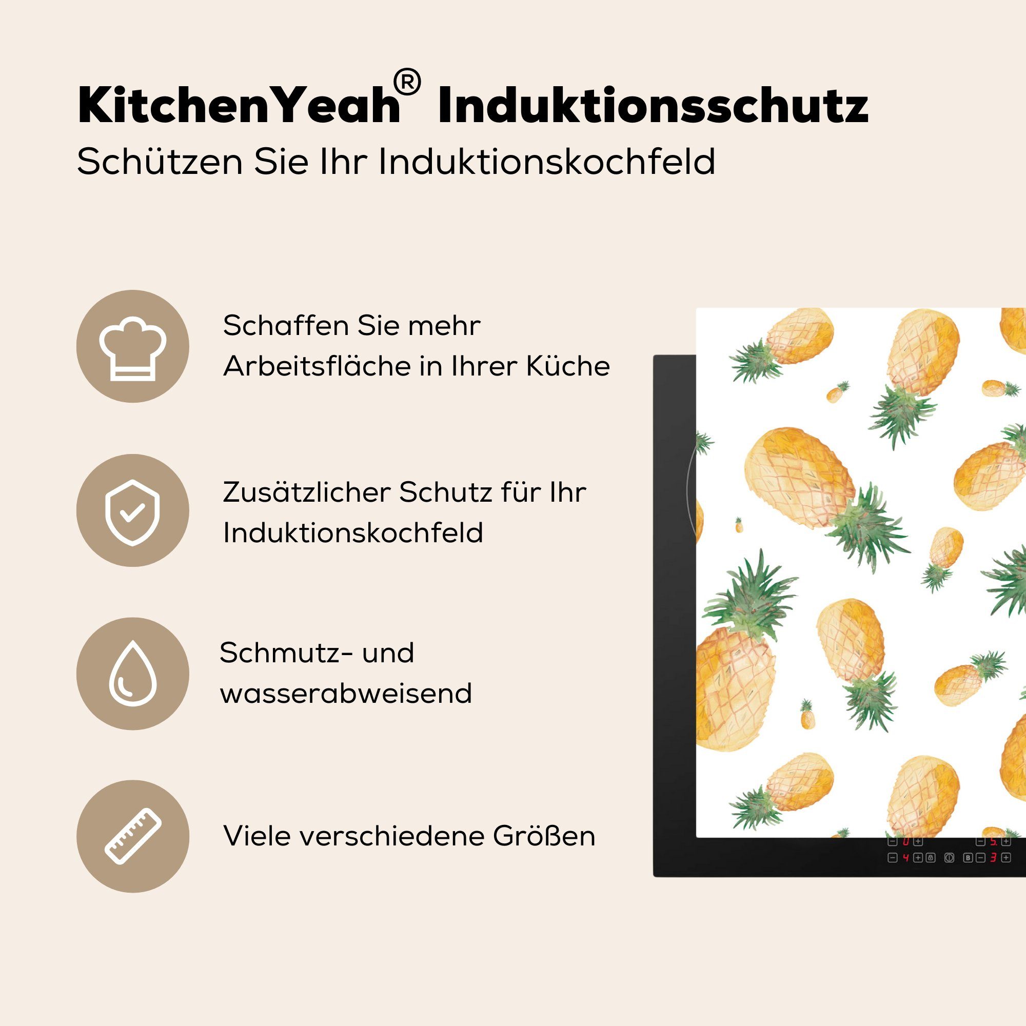 MuchoWow Herdblende-/Abdeckplatte Ananas - Obst Vinyl, tlg), Ceranfeldabdeckung Schutz für die 81x52 - küche, Weiß, Induktionskochfeld (1 cm