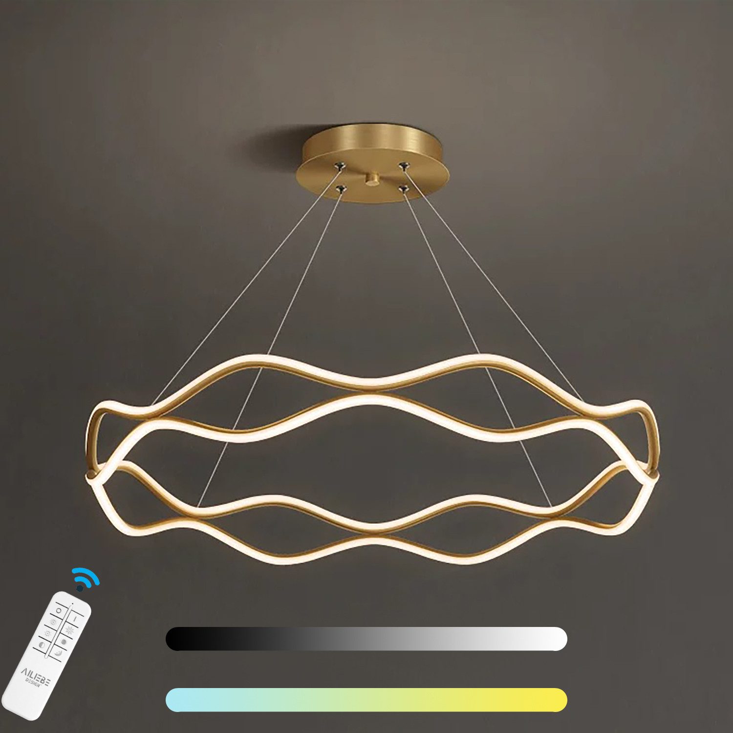 Ailiebe Design LED Pendelleuchte LED Pendelleuchte 40cm Gold Welle Krone Dimmbar, Fernbedienung, LED fest integriert