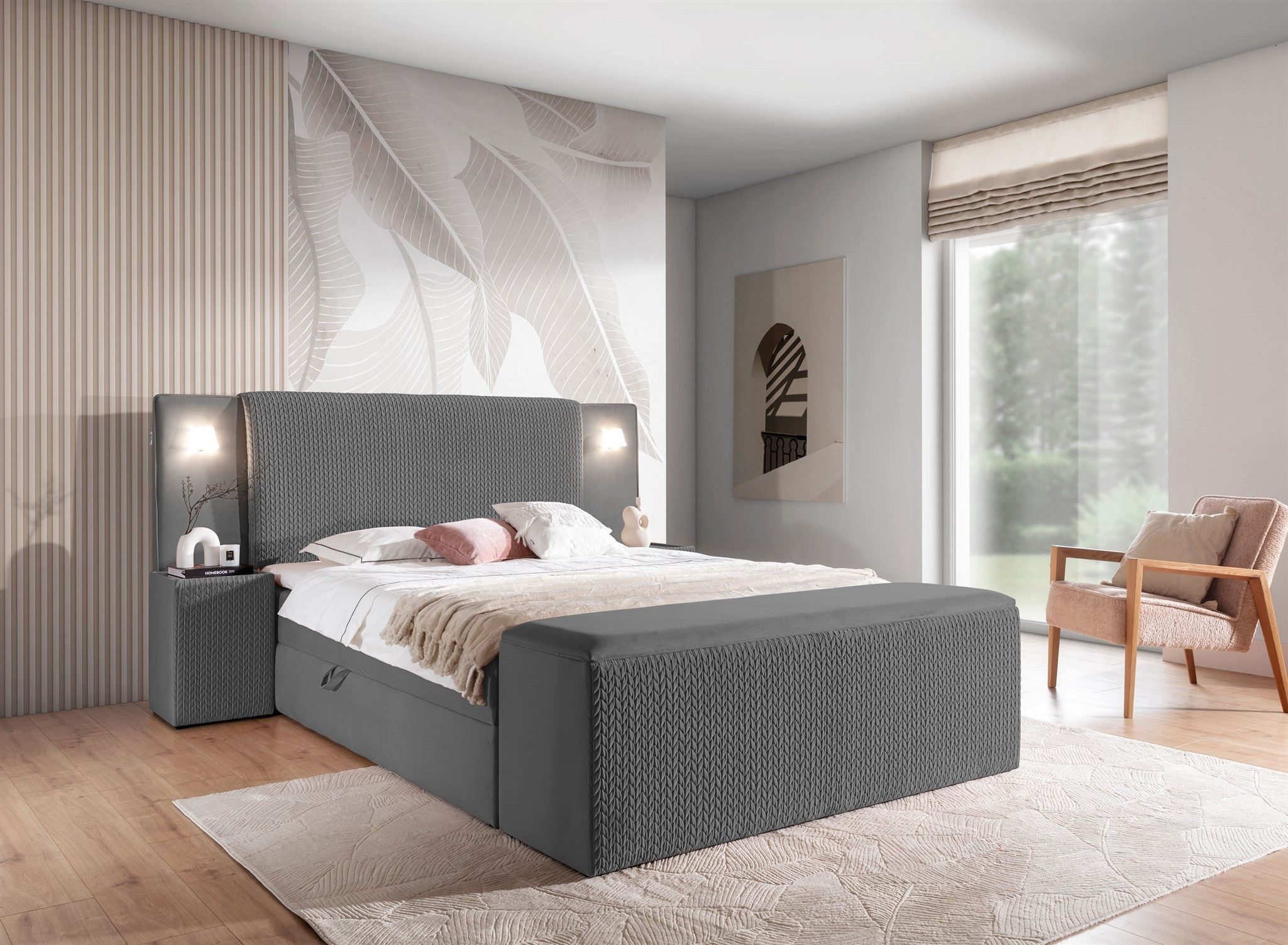 Fun Möbel Boxbett Bett MARTEN Überlänge in Stoff Magic Velvet Set.4 (inkl. Bettkästen und Kaltschaumtopper, inkl. Polsterhocker mit Stauraum und 2 x Nachttische), Ambiente-Beleuchtung mit Touch Funktion im Kopfteil