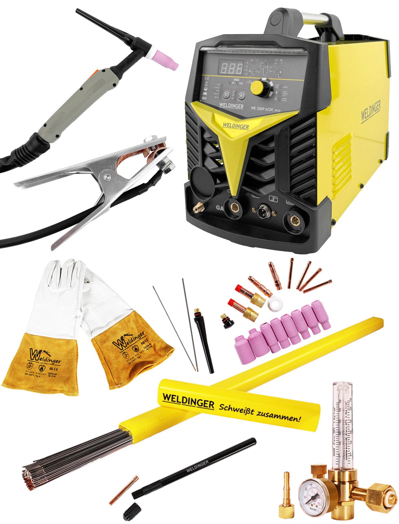 WELDINGER Schutzgasschweißgerät WIG-Schweißgerät WE 200P ACDC eco HF Puls für Aluminium + Starterset, Set, Schweißinverter WE 200P AC/DC eco Starterset zum Aluminiumschweißen