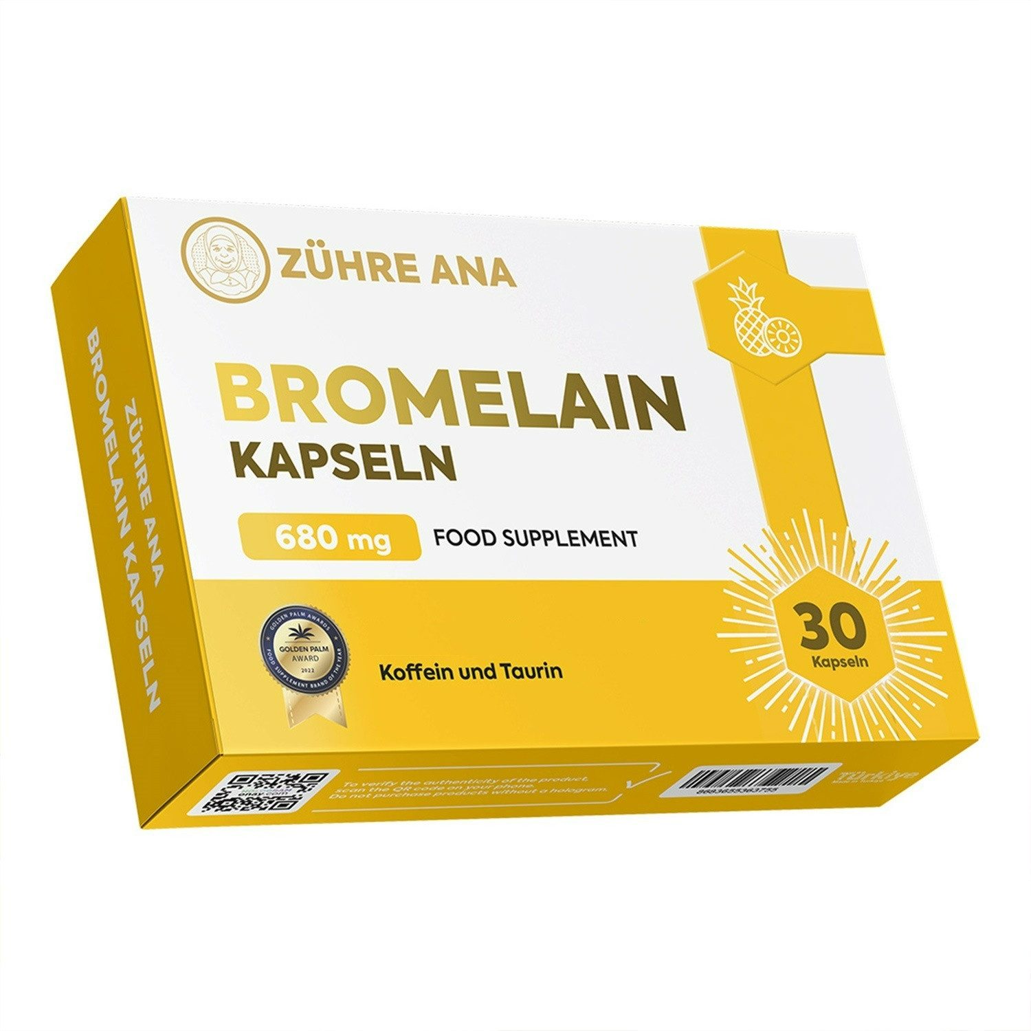 Zühre Ana® Bromelain Kapseln – 680 mg Natürliches Enzym aus Ananas Kapseln, 30 St., 30 g, Natürlichem Ananasextrakt,Vitamin C, D3, B12