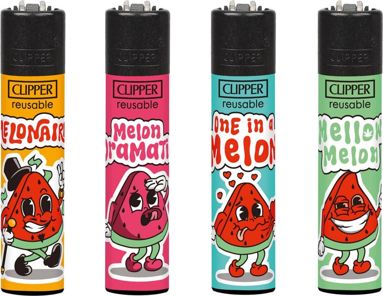 CLIPPER Зажигалки 4 Stück im Set, lustig mit Spruch Melon Moods (4-St), nachfüllbar & wiederverwendbar