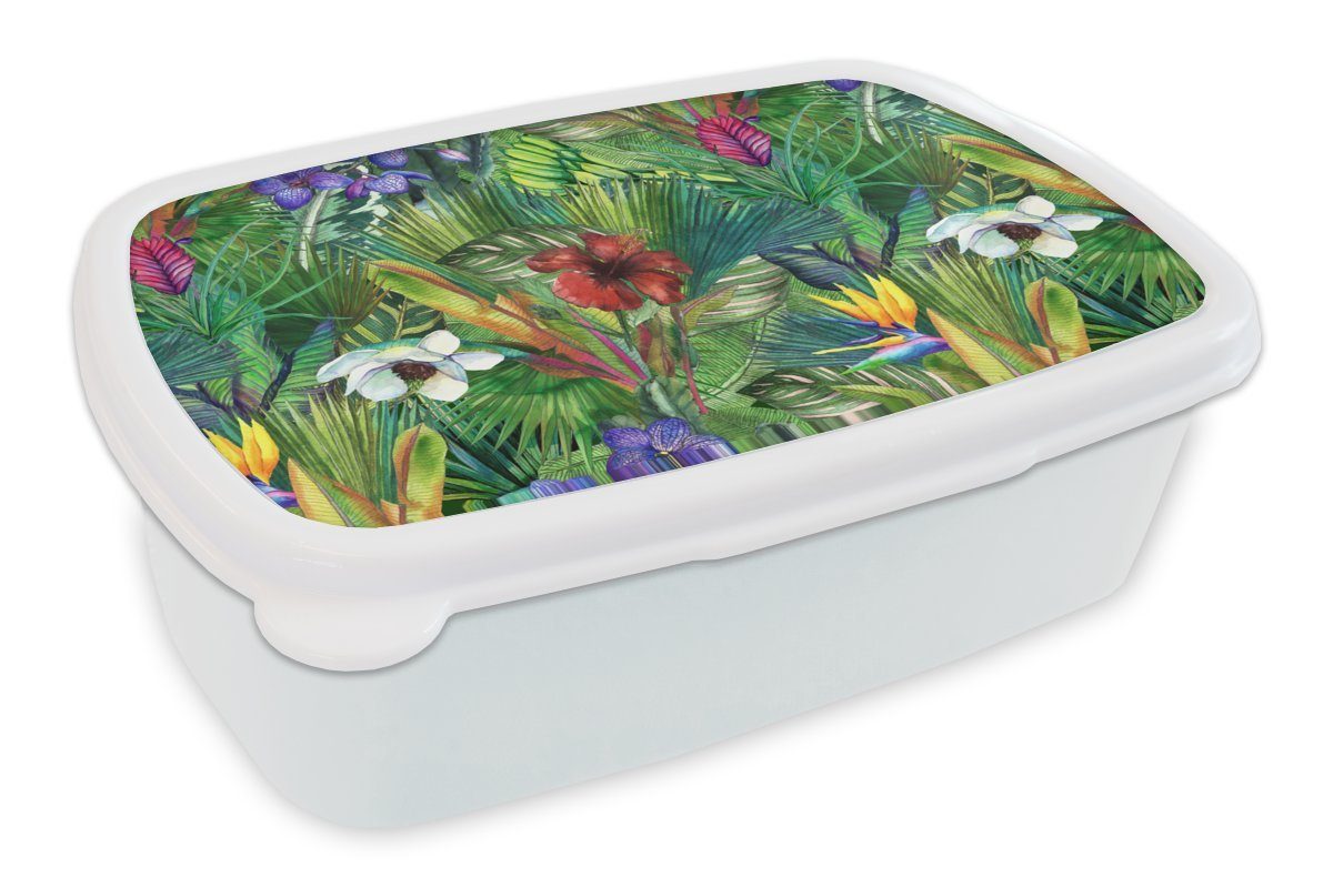 MuchoWow Lunchbox Regenbogen - Flora - Dschungel - Muster, Kunststoff, (2-tlg), Brotbox für Kinder und Erwachsene, Brotdose, für Jungs und Mädchen weiß