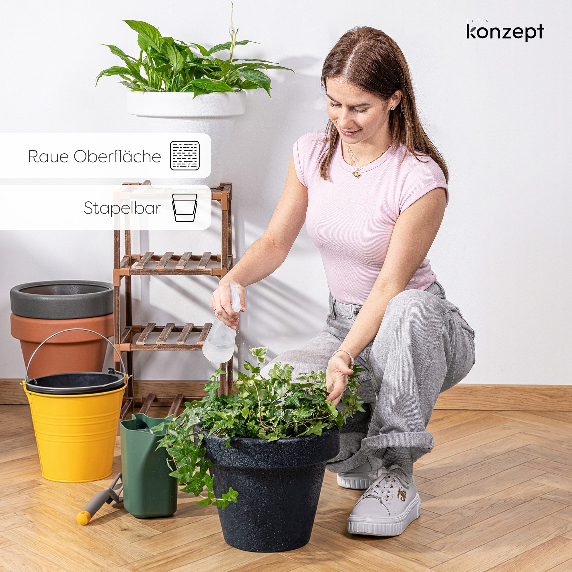 KONZEPT Übertopf aus Kunststoff in Steinoptik, Ø 30 cm, 8,5 L, Stein-Optik, Konische Form, Geprägtem Rand, 8,5 L