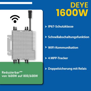 EPP.Solar Solaranlage 1760W/1600W Balkonkraftwerk Komplettset inkl 440W Bifazial Solarmodule, 1760,00 W, N Type Monokristallin, (DEYE 1600W Wifi Wechselrichter mit Relais drosselbar von 1600W auf 800W/600W Plus 10m Wielandstecker)