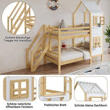 Ulife Etagenbett mit Handlauf und Fenster,Kinderbett mit Fallschutz und Gitter, Hausbett,Rahmen aus Holz, 90x200cm
