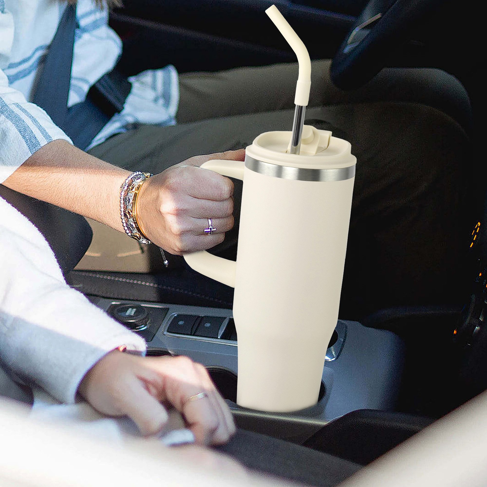 CALIYO Thermobecher Edelstahl Autobecher BPA frei mit Strohhalm und Deckel 1.2L, Spülmaschinenfest Langanhaltend kühl / warm für Sport, Reisen – Bild 2 von 5