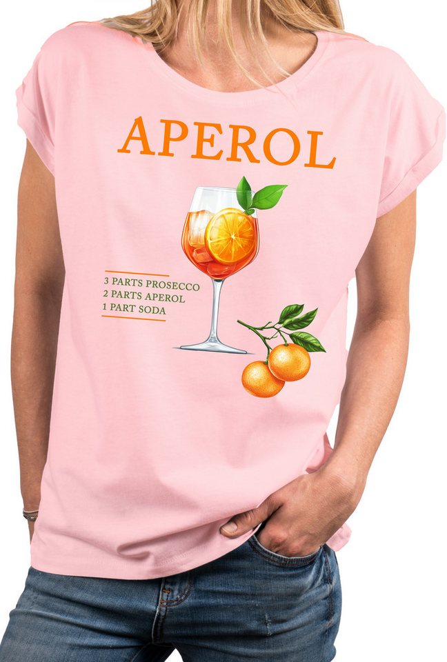 MAKAYA Print-Shirt Damen mit Orangen Motiv Aperol Spritz Glas Party Outfit Lässig Elegant (Schwarz, Weiß, Blau, Grau, Grün, Rosa, 34, 36, 38, 40, 42, 44, 46, 48, 50) große Größen