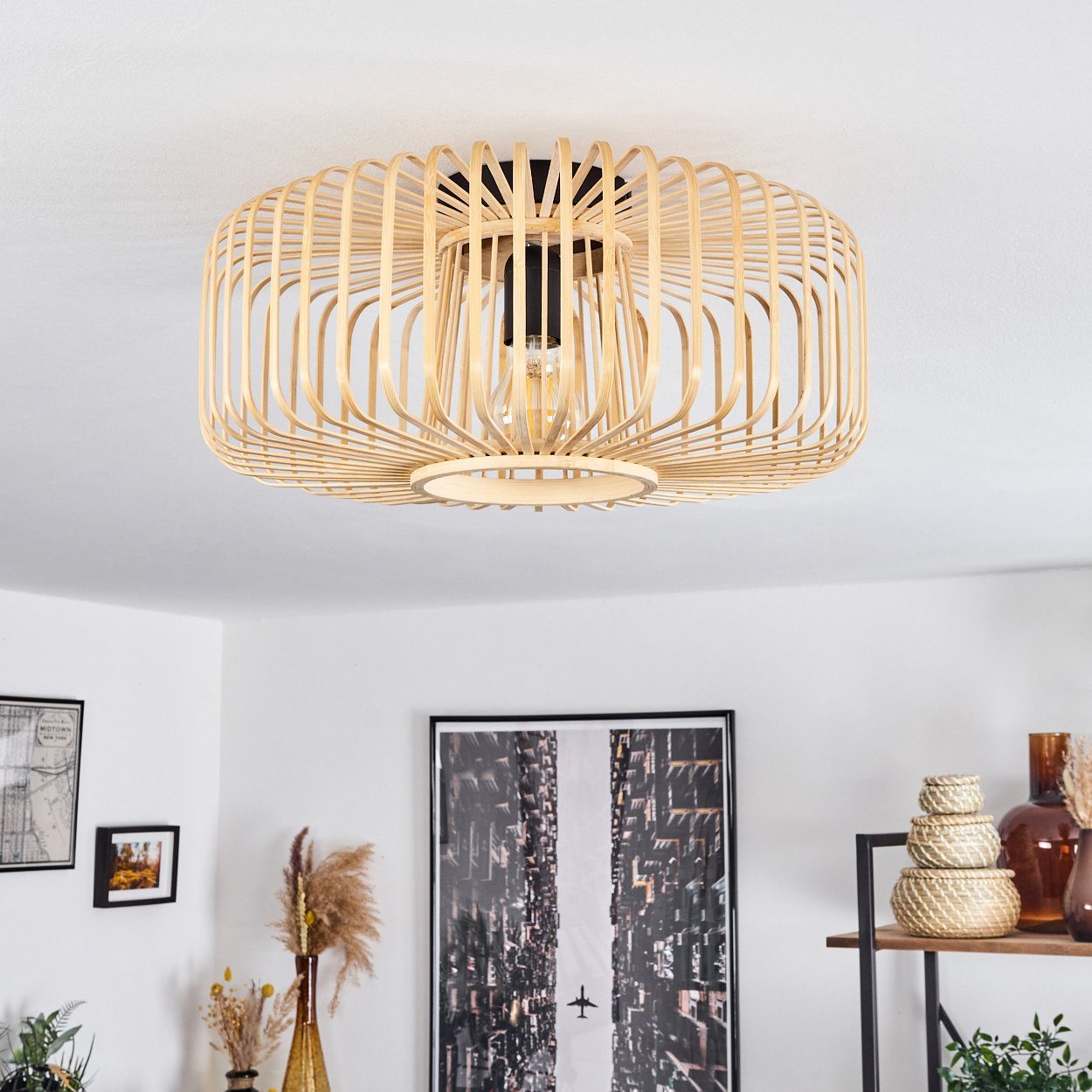 hofstein Deckenleuchte »Aidone« moderne Deckenlampe aus Metall/Bambus in Schwarz/Natur, ohne Leuchtmittel, Leuchte im modernen Design mit Lichteffekt, ø40cm, 1xE27