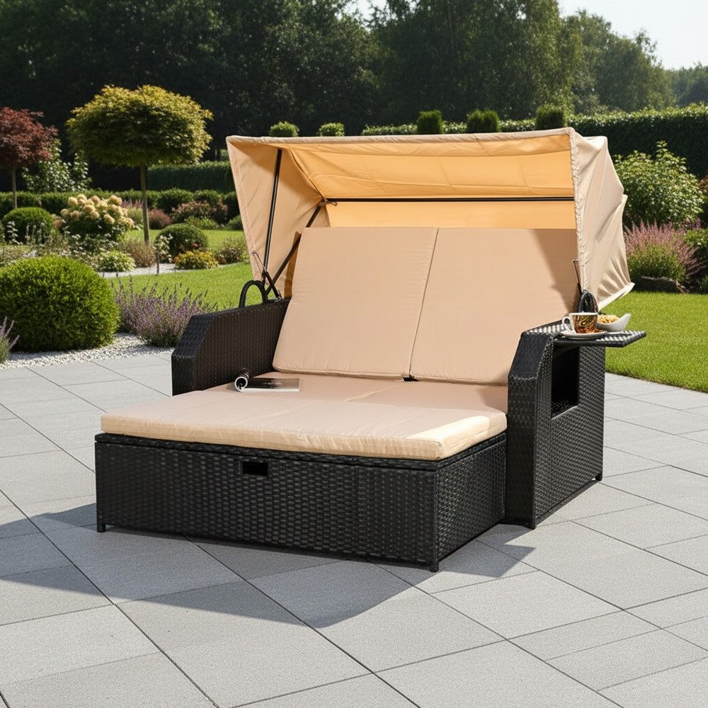 Feel2Home Strandkorb Strandkorb Schwarz Garten Sonnendach Sonnenliege Sonnenbett Polyrattan, BxTxH: 145x143x130 cm, Sonnenschutzdach