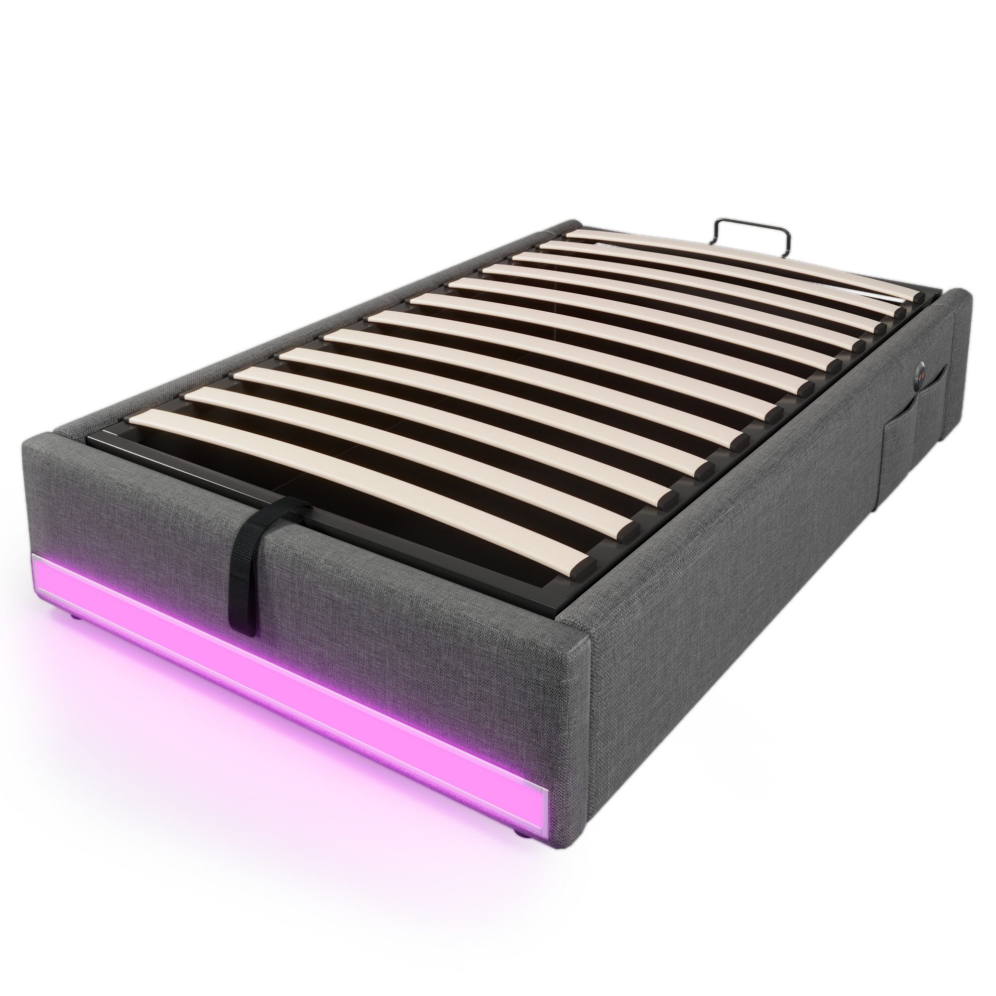 SOFTWEARY Futonbett mit LED-Beleuchtung und Aufbewahrung (mit Mehrfachsteckdose, 90x200 cm), Einzelbett ohne Kopfteil, Leinen