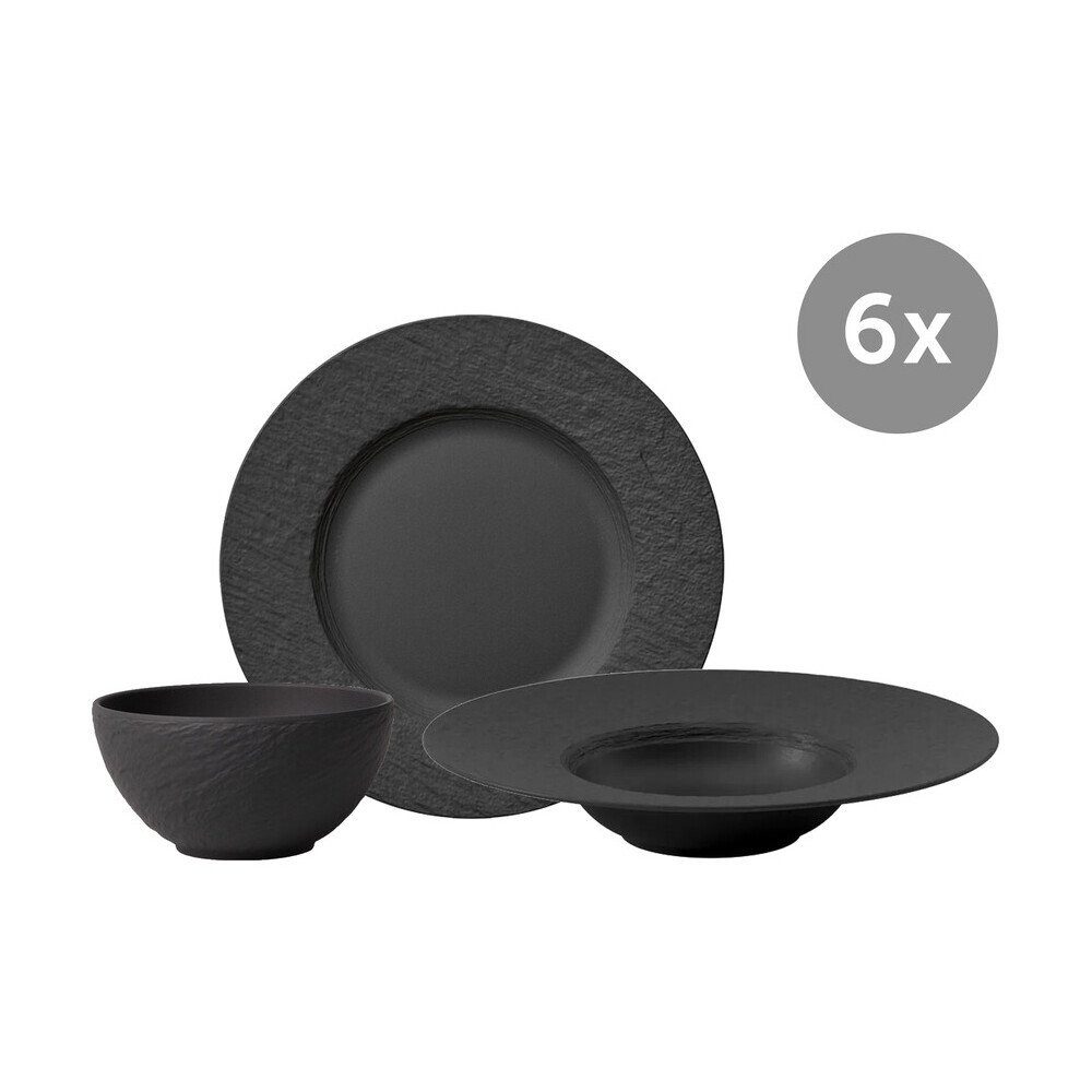 Villeroy & Boch Geschirr-Set Set Manufacture Rock Speiseteller, Pastateller und Bowl, 18-tlg., Premium Porcelain