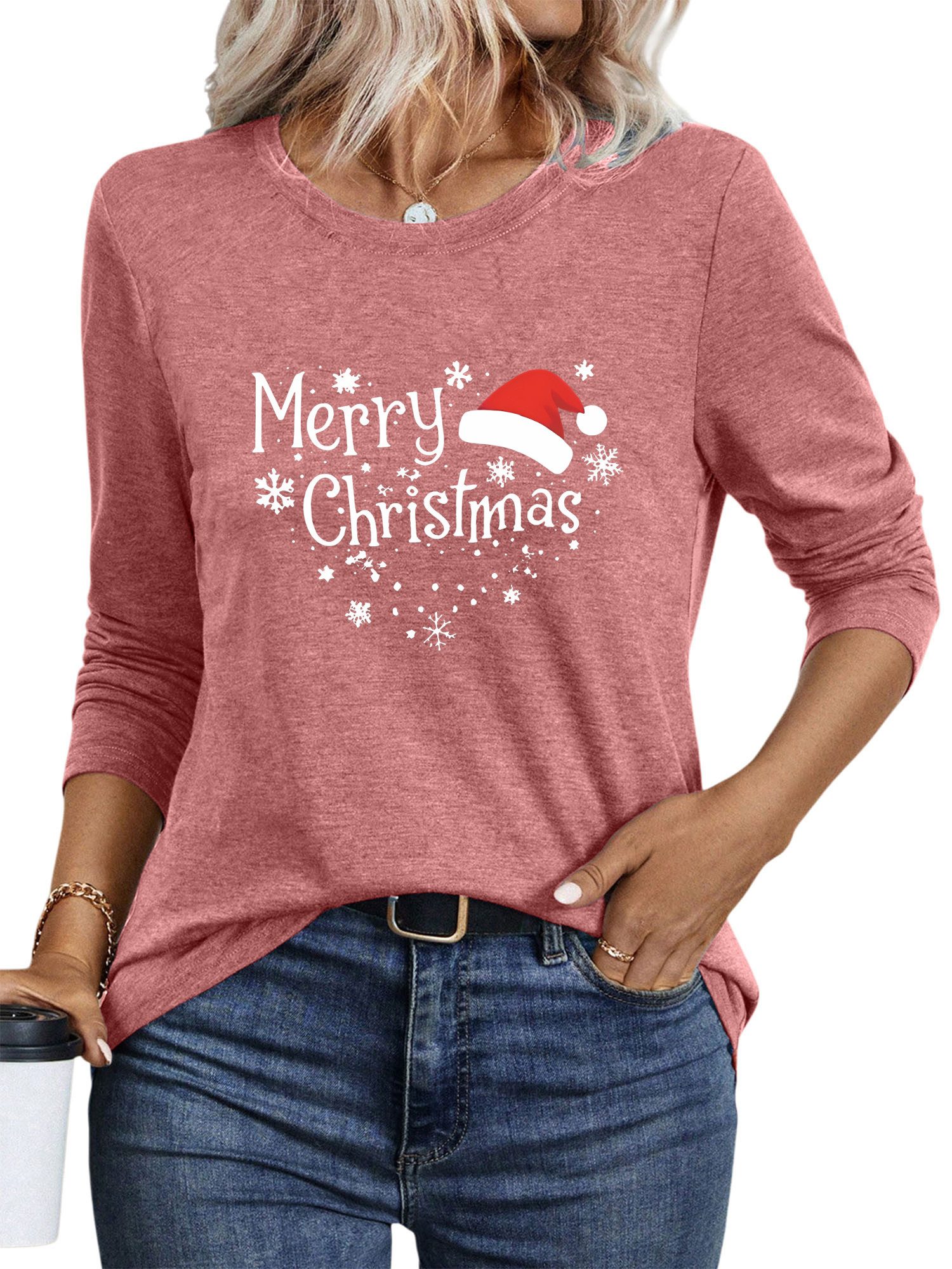 PYLIKE Rundhalsshirt Damen bequemes Weihnachten Longsleeve Shirt Festival Tops