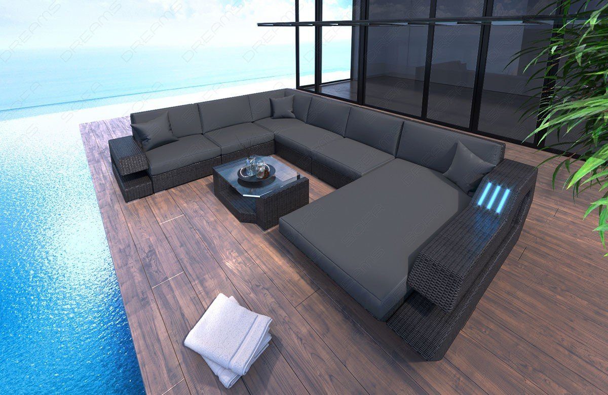 Sofa Dreams Gartenlounge-Set Rattan Sofa Ravenna XXL mit LED, (Rattan-Sofa, mit Ottomane), inkl. Auflagen mit bequemer Polsterung