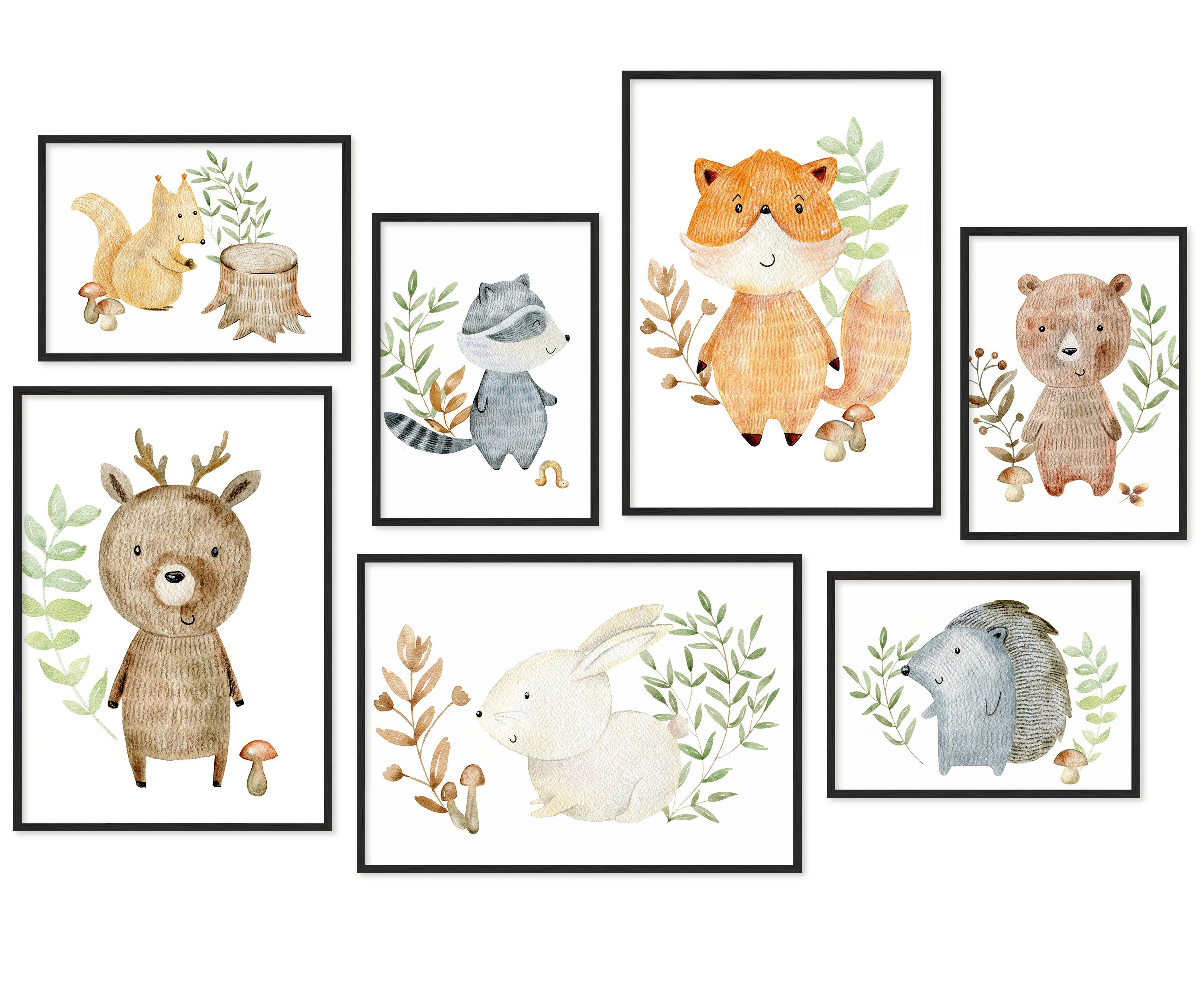 Hyggelig Home Плакат Waldtiere, Premium Плакат Set OHNE & MIT Rahmen, Wandbild Kinderzimmer, Tiere (Set, 7 St), Collage Zeichnung, Qualitätsdruck dickes Papier