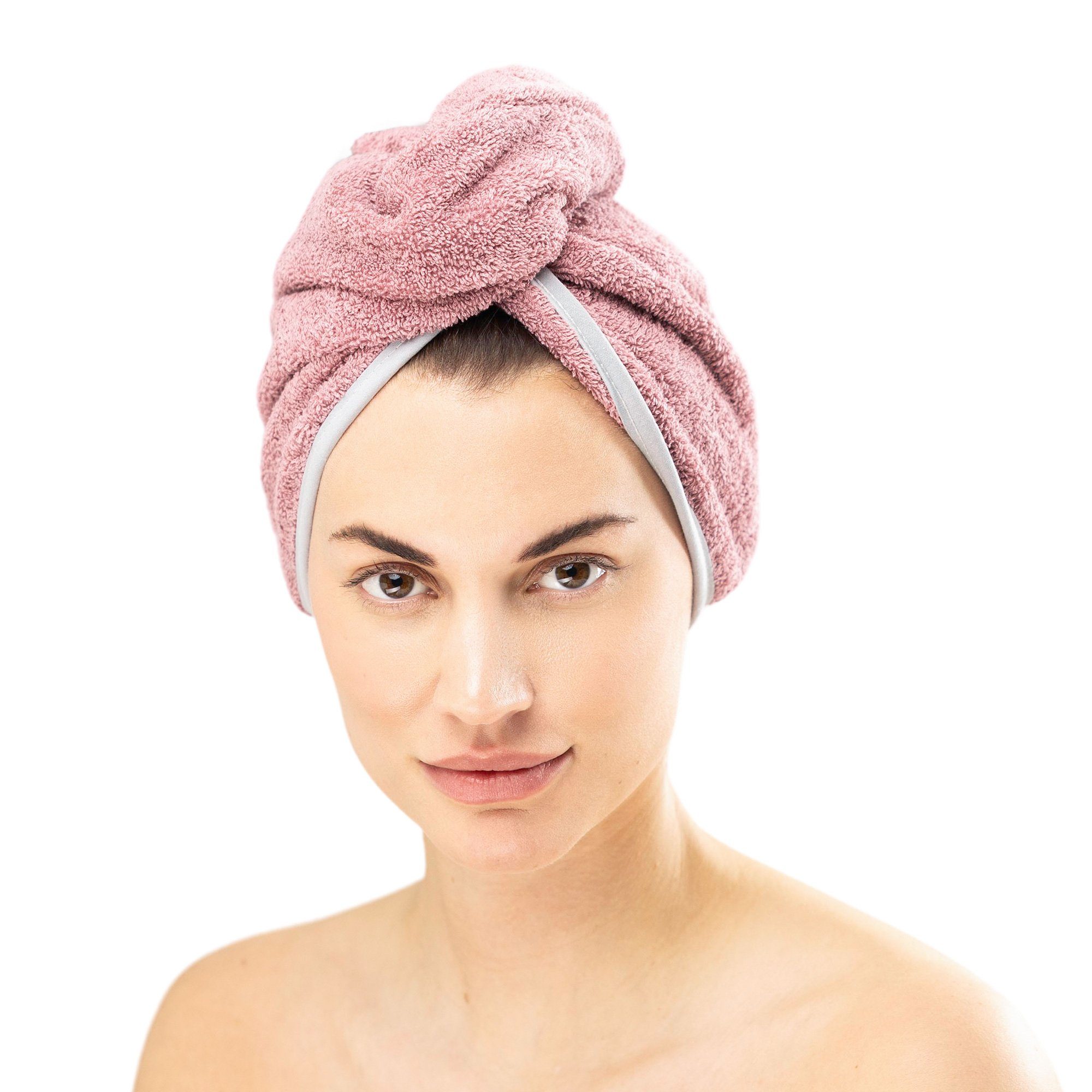 HOMELEVEL Turban-Handtuch Frottee Haarturban mit Knopf für Erwachsene aus 100% Baumwolle, (1-St) Altrosa