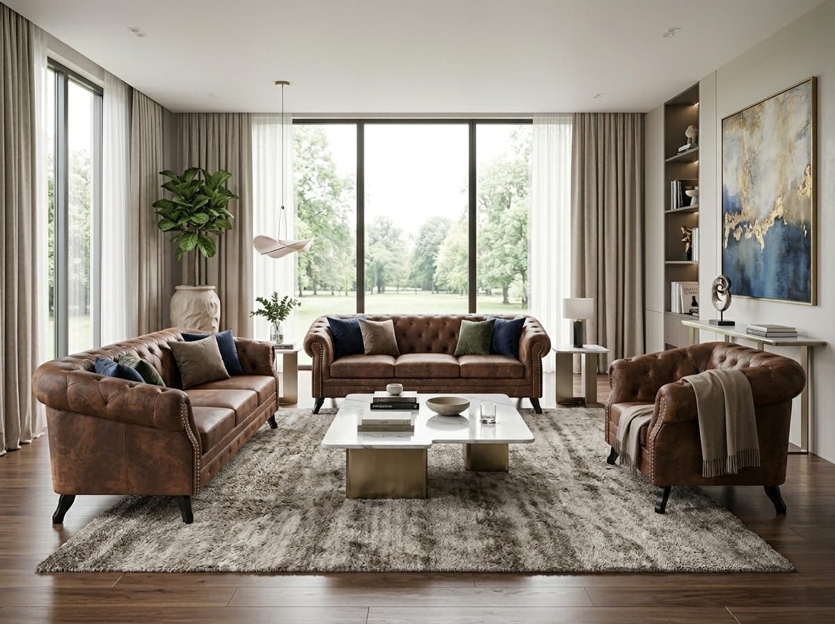 JVmoebel Chesterfield-Sofa Braunes Wohnzimmer-Set 3+3+1-Sitzer-Sofas Ledersofas Chesterfield, 3 Teile, Made in Europa