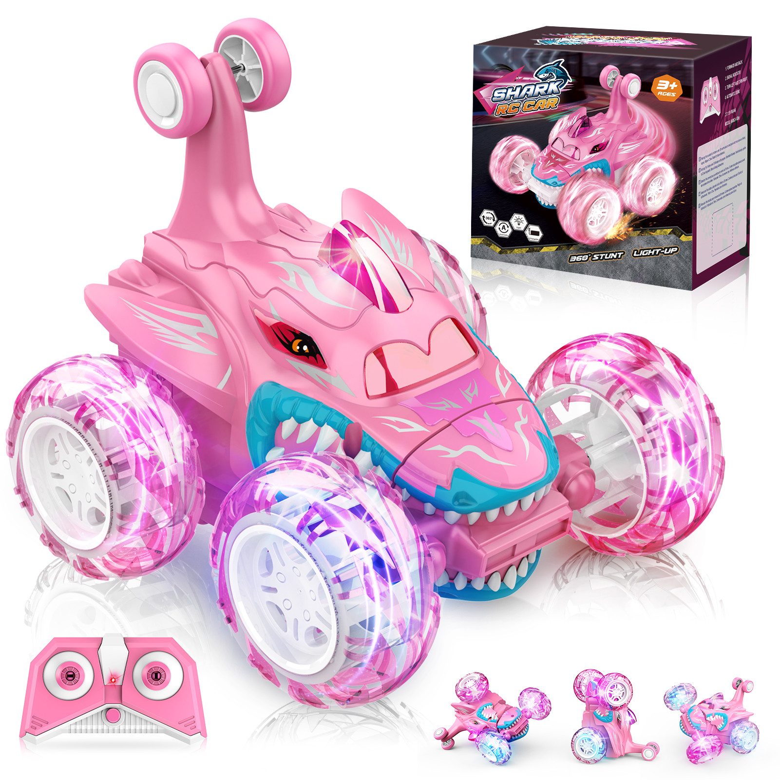 Wootoy RC-Auto Spielzeug-Auto Hai Ferngesteuertes Stuntauto mit 360°-Rotation (USB-Aufladung 4WD-Antrieb robuste Gummireifen, 1-tlg., mit 90°-Vertikalfahrten und LED-Räder), für den Innen- und Außenbereich auf verschiedenen Untergründen