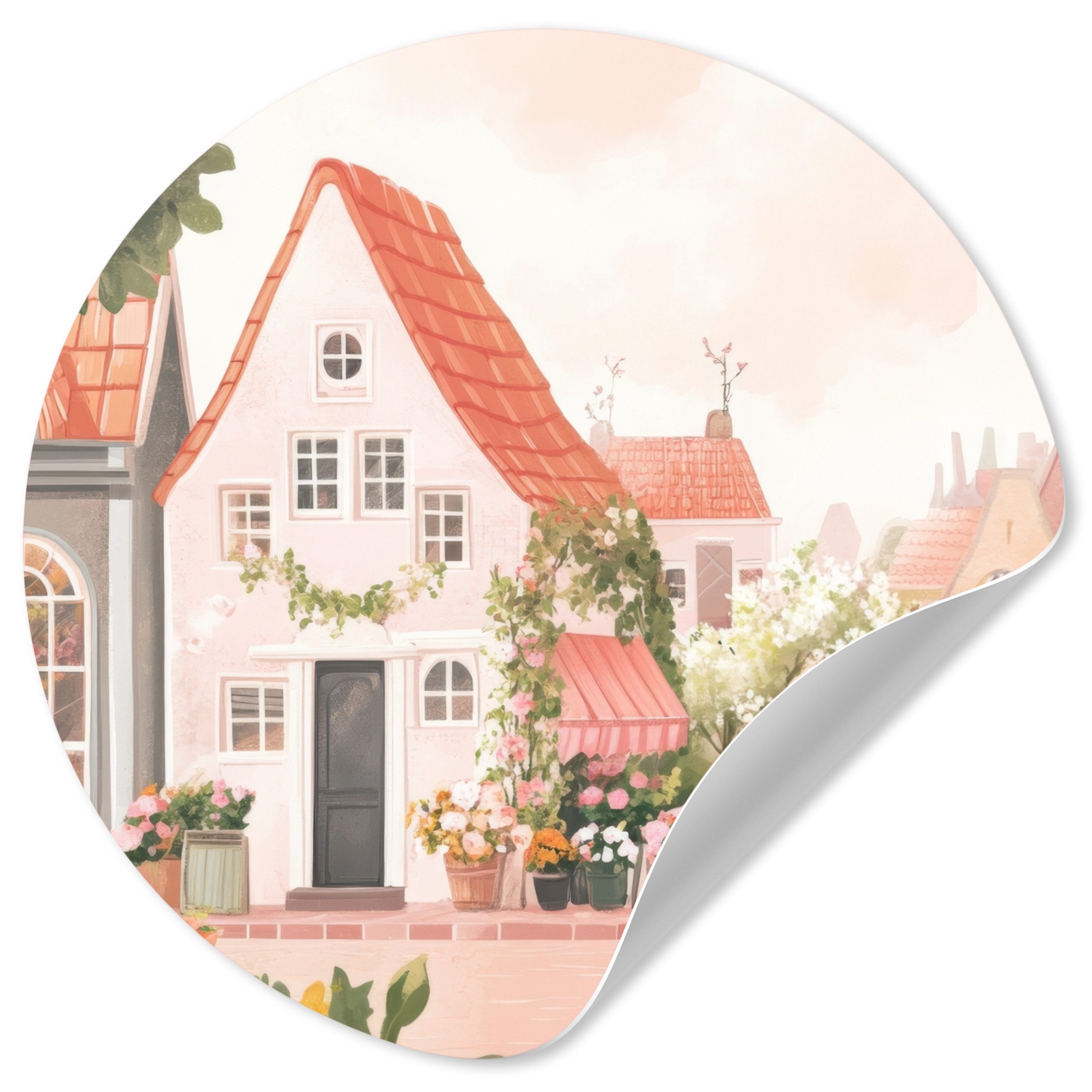 MuchoWow Wandsticker Blumen - Häuser - Dorf (1 St), Wandtattoo Selbstklebend, Wohnzimmer Deko Aufkleber, 30x30 cm
